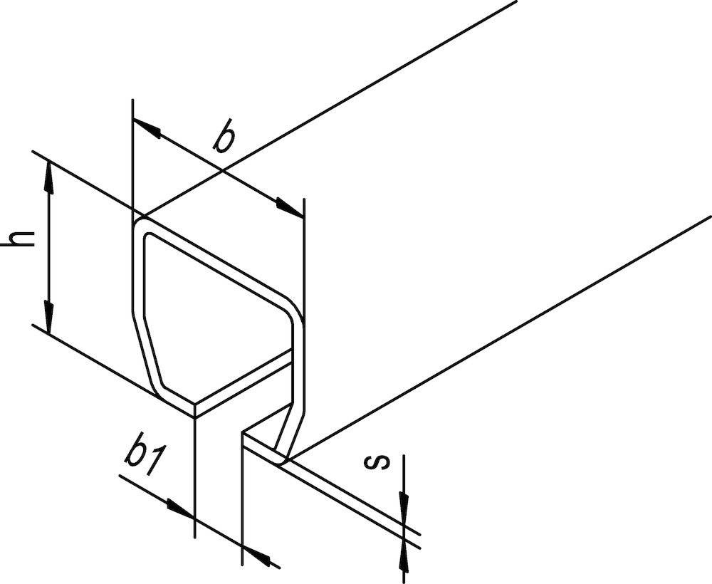 Ein technisches Diagramm zeigt ein Metallprofil mit Abmessungen, die als „b