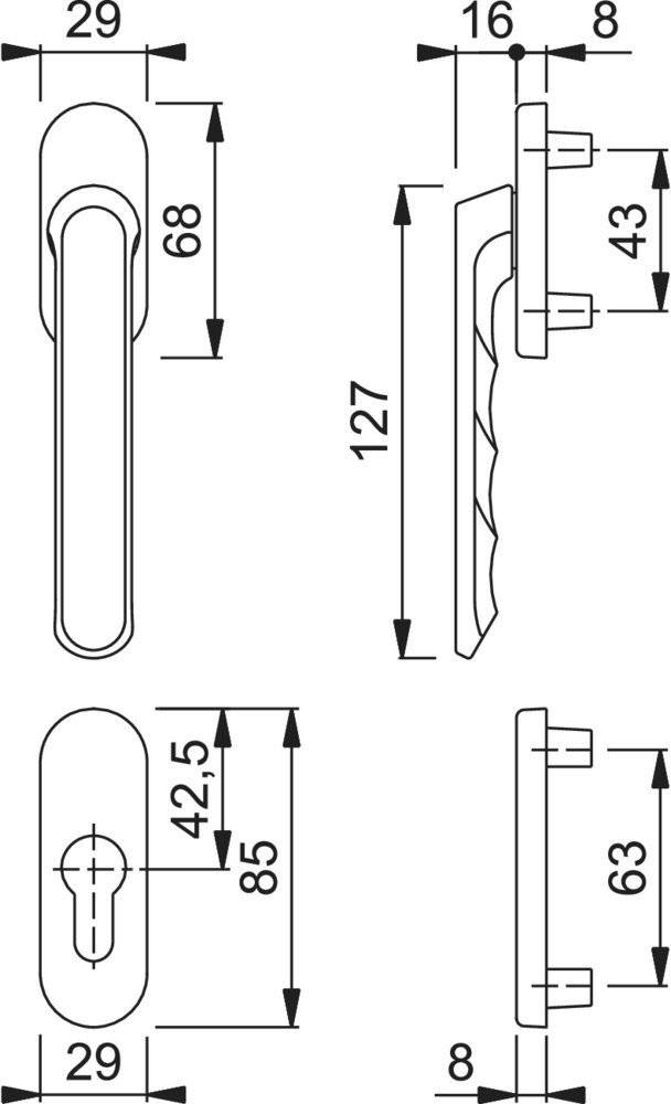 Technische Zeichnung einer Türklinke mit Abmessungen: Grifflänge 127mm, Breite 68mm, Rosettenhöhe 85mm, Breite 42,5mm.