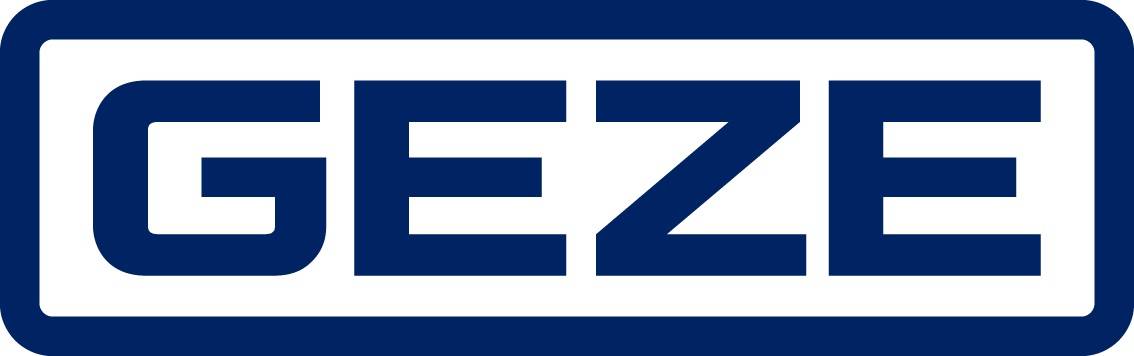GEZE-Logo in Dunkelblau innerhalb eines abgerundeten weißen Rechtecks mit blauem Rand.