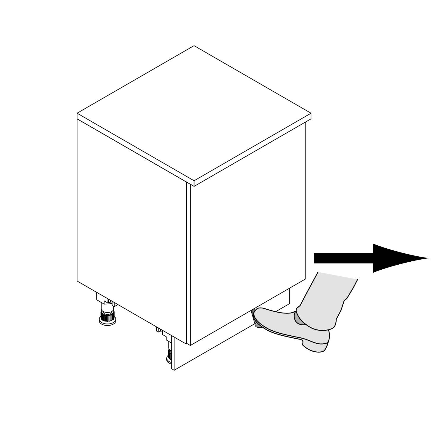 Ein Fuß drückt auf einen Hebel an der Basis eines Schranks, was wahrscheinlich auf einen Mechanismus hindeutet, um den Schrank freihändig zu öffnen oder damit zu interagieren.
