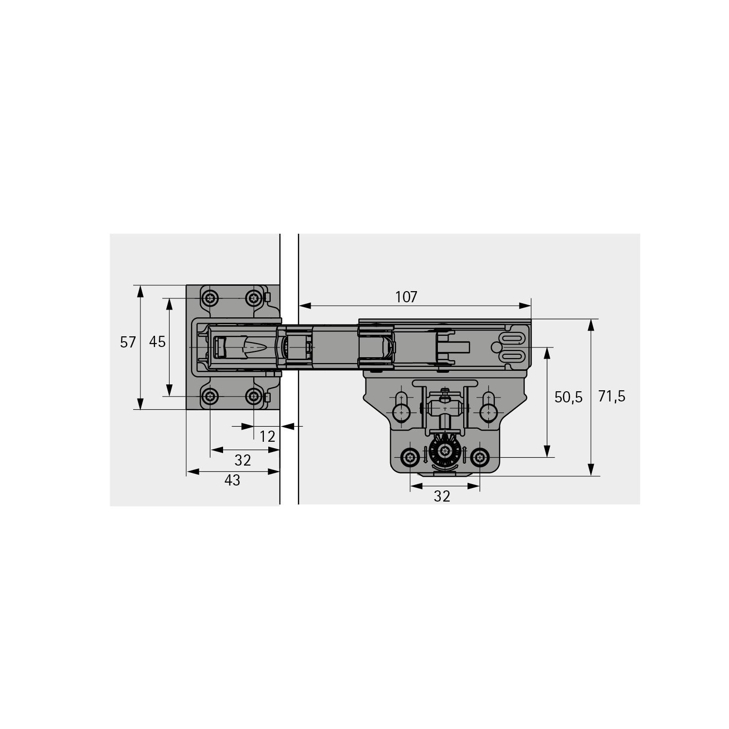 Technische Zeichnung eines Scharniers mit Maßen: 57, 45, 112, 32, 43, 50,5, 71,5, 107, 32 Millimeter, die detaillierte Spezifikationen zeigt.