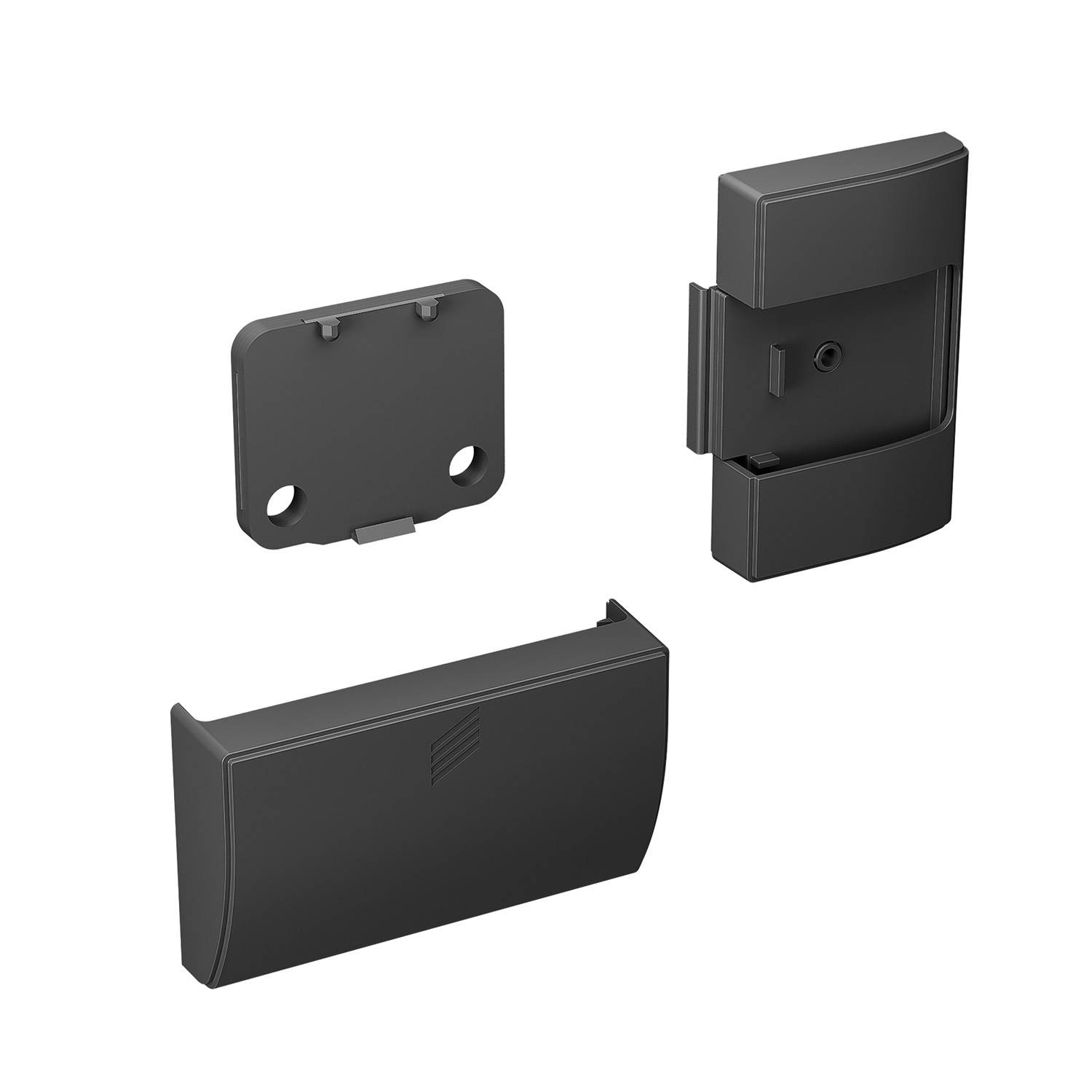 Drei schwarze elektronische Gerätekomponenten, einschließlich einer wandmontierten Einheit, einer abnehmbaren Frontabdeckung und einer separaten Rückwandplatte.