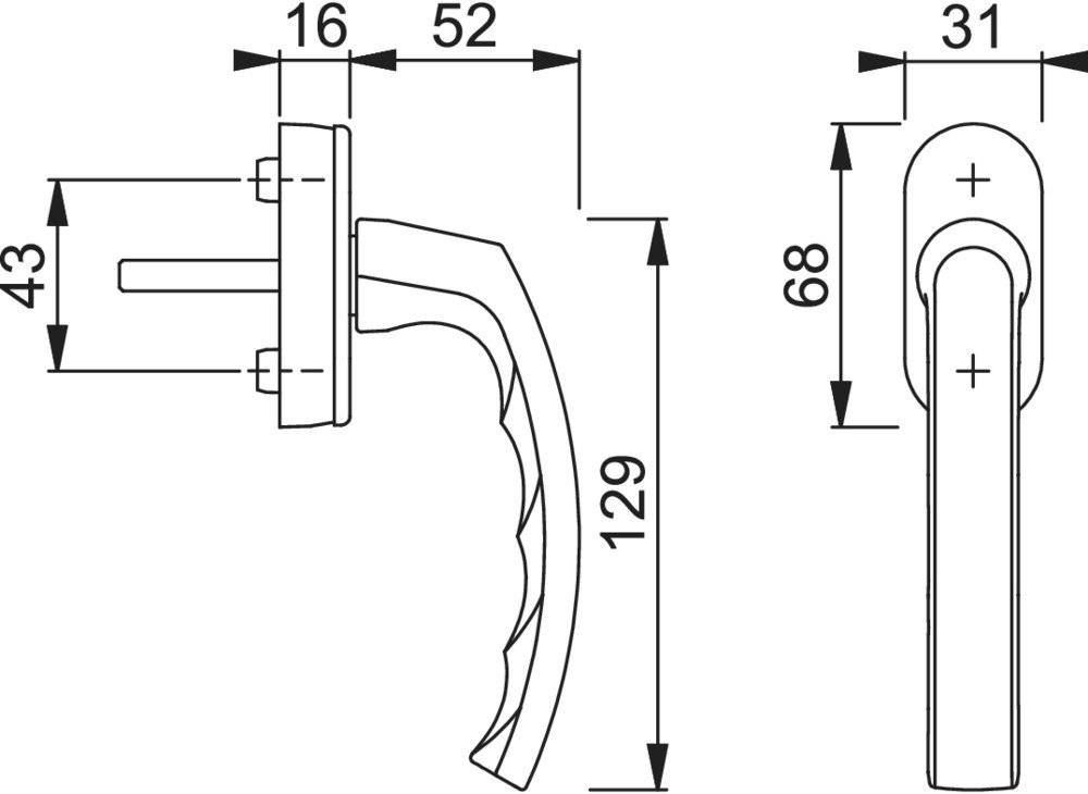 Eine technische Zeichnung eines Türgriffs zeigt folgende Maße: 52mm Grifflänge, 16mm Basisdicke und eine Gesamthöhe von 129mm.