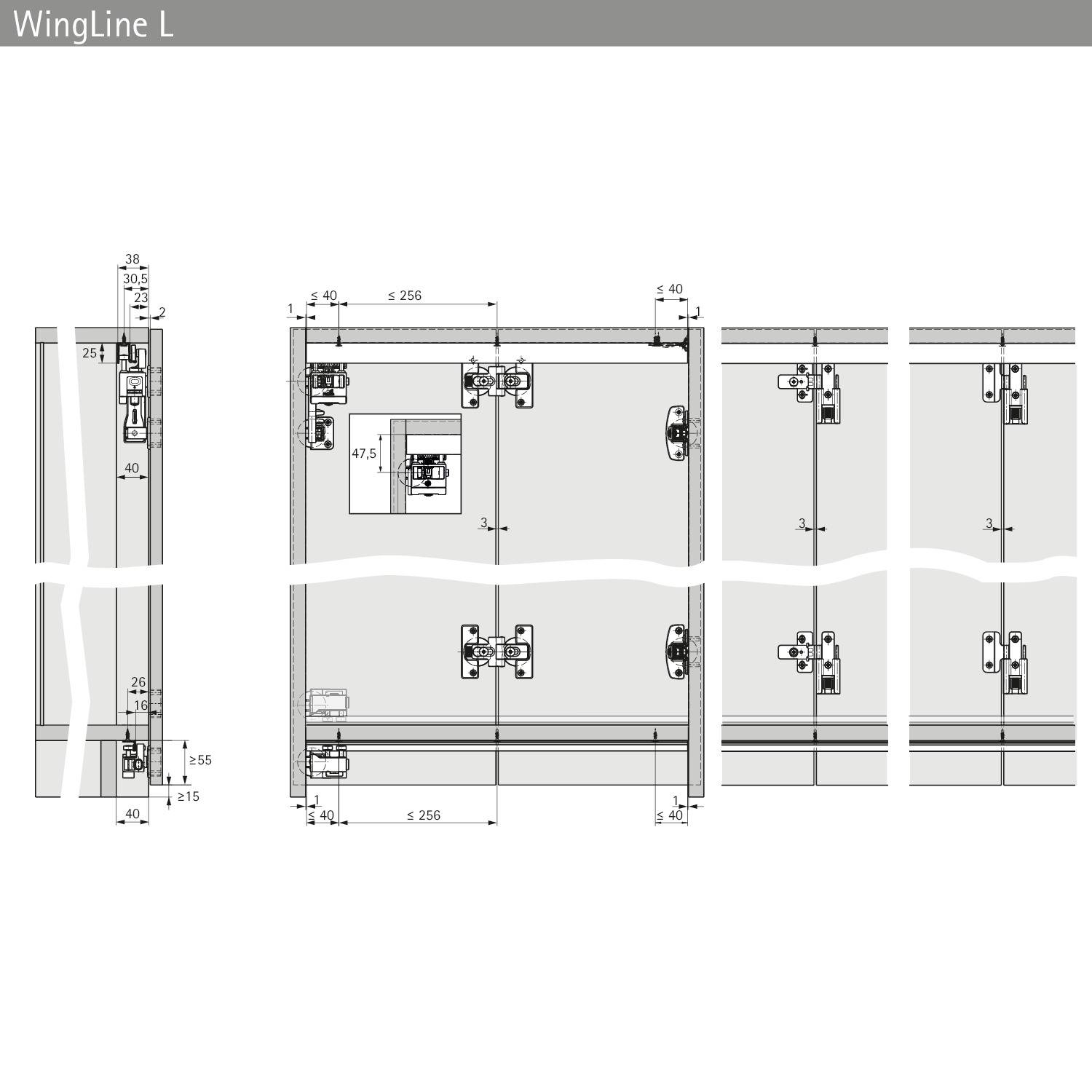 Technische Zeichnung des WingLine L Systems mit Abmessungen und Positionierungsvorgaben für die Installation. Beinhaltet Scharnier- und Paneelplatzierungen.