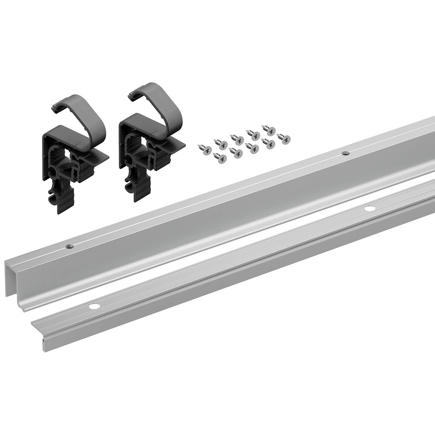 Metallschienensystem mit zwei schwarzen Montageklammern und einem Schraubensatz, verwendet zum Sichern von Ausrüstung oder Regalen.