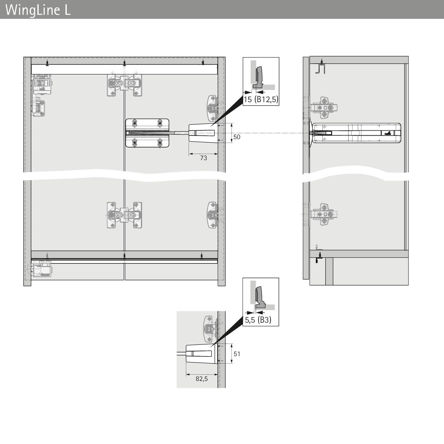 Scharniermontagediagramm für Schrank mit Abmessungen: 612,5 mm Höhe, 5 mm Scharnierversatz und 82,5 mm Griffhöhe.