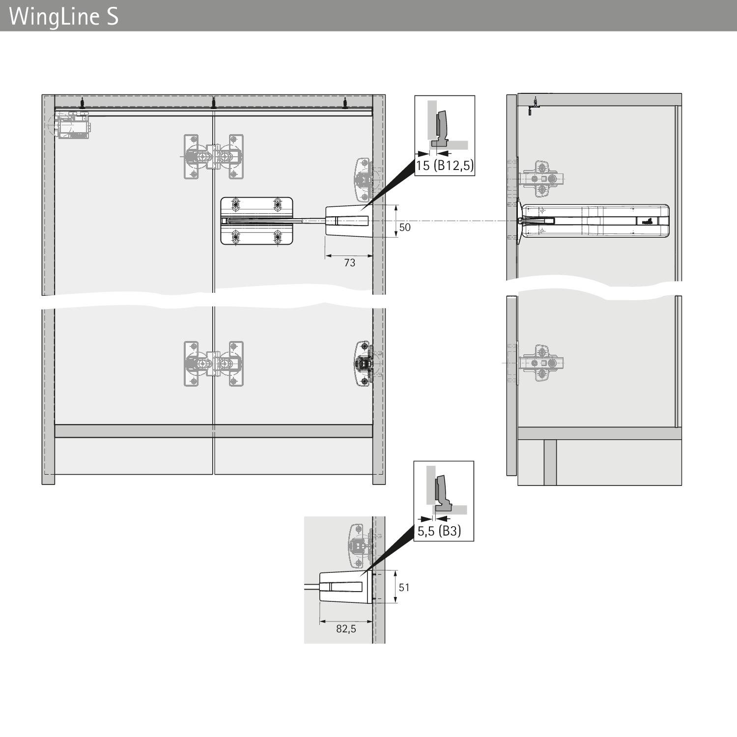 Technisches Diagramm mit Installationsabmessungen für das WingLine-S-Scharnierssystem, mit Messangaben und Positionierungsanleitungen für Komponenten.