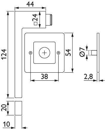 Technische Zeichnung einer rechteckigen Metallhalterung mit beschrifteten Abmessungen: 124mm Länge, 54mm Breite, 38mm zentrales Quadrat, 24mm Verbinderdurchmesser und 2,8mm Dicke.