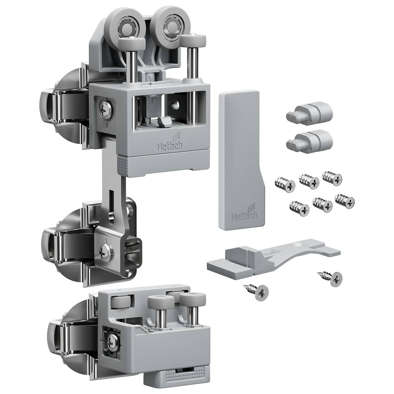 Verstellbares Scharnierssystem mit Schrauben und Abdeckungen, ausgestattet mit einem doppelten Rollenmechanismus für reibungslose Bewegung; entwickelt für Schranktüren.