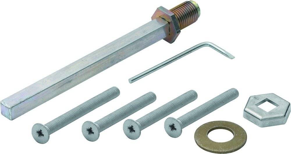 Ein Satz Metallbeschläge: drei Gewindestangen, ein Innensechskantschlüssel, eine flache Unterlegscheibe und eine Metallstange mit sechskantigen Beschlägen.