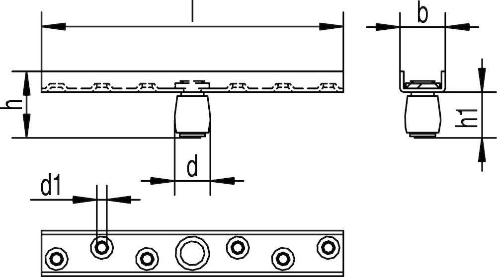 Technische Zeichnung eines Metallstabs mit Befestigungselementen, die Abmessungen für die Installation zeigt. Schlüsselmaß gekennzeichnet als 'd'.