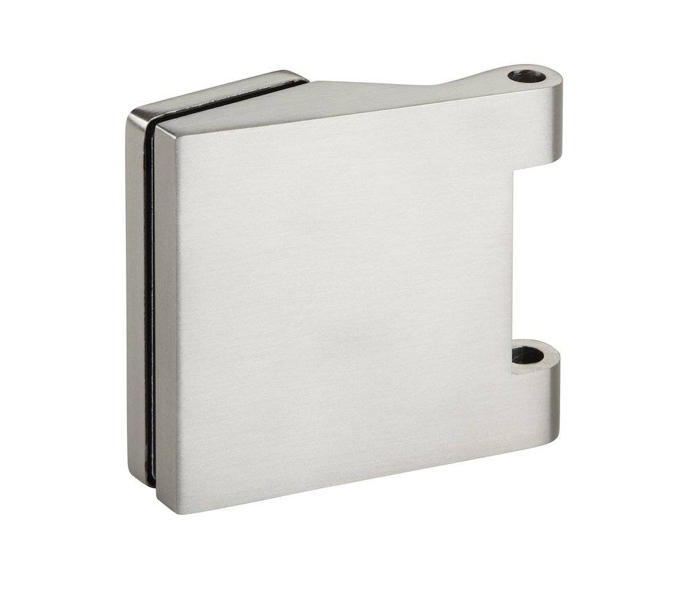 Quadratische Metallhalterung mit zwei Bohrungen auf der rechten Seite, verwendet zum Verbinden oder Stützen von Strukturkomponenten.