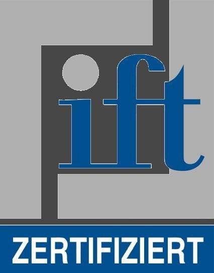 Logo mit der Zertifizierung 'ift zertifiziert' in Blau und Grau, mit stilisierten Kleinbuchstaben 'ift'.