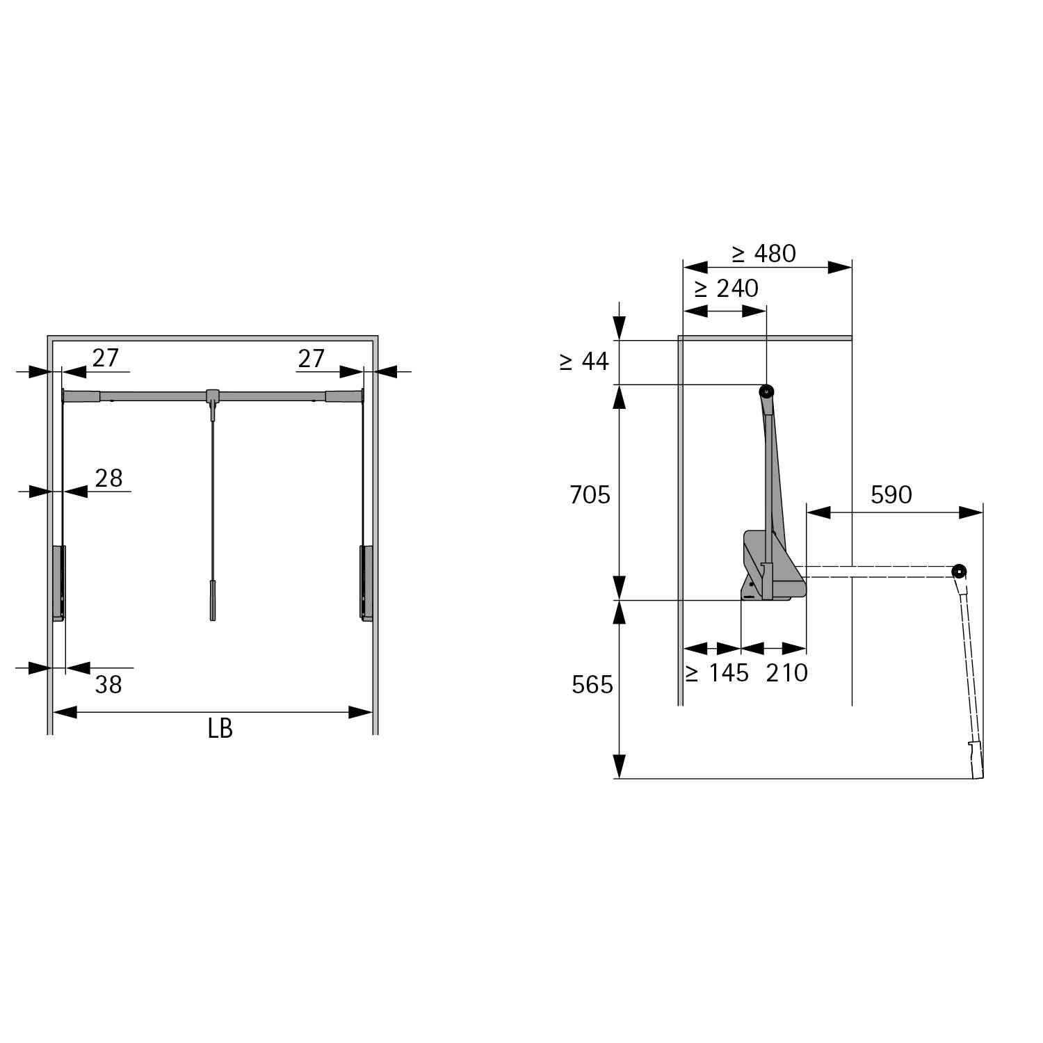 Abmessungen der mechanischen Baugruppe: Breite LB, Höhe 705. Seitenansicht zeigt vertikale und horizontale Längenverstellungen, Stützdetails.