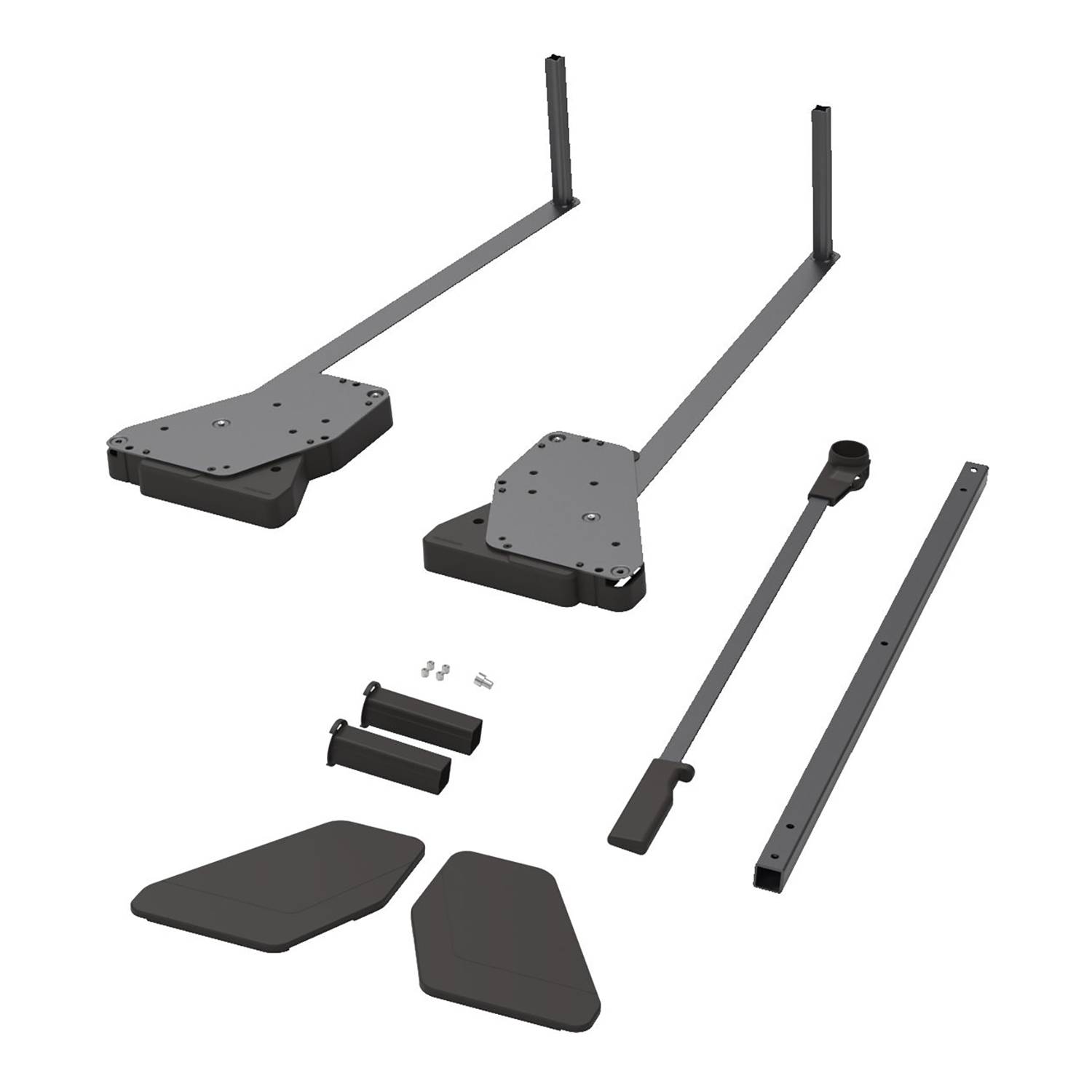 Montagesatz für Windkraftanlagen im Privatgebrauch mit ausgelagerten Teilen, einschließlich Masten, Halterungen, Schrauben und Werkzeugen zur Montage.