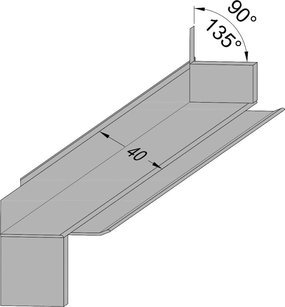 Ein 3D-Diagramm eines Metallblechs, das in einem Winkel von 135 Grad gebogen ist, mit einer in der Längsrichtung gemessenen Abmessung von 40 Einheiten.