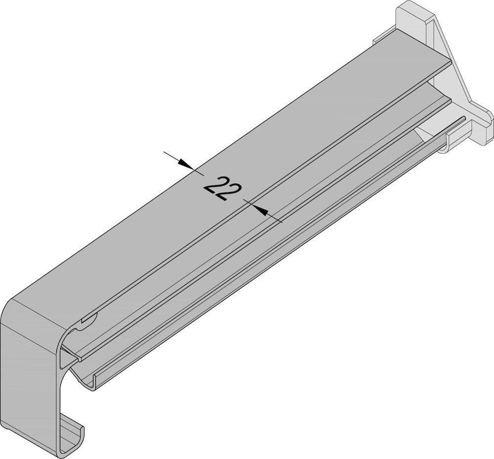 Isometrische technische Zeichnung einer Metallhalterung mit einer Oberplatte, die 22 mm breit ist.