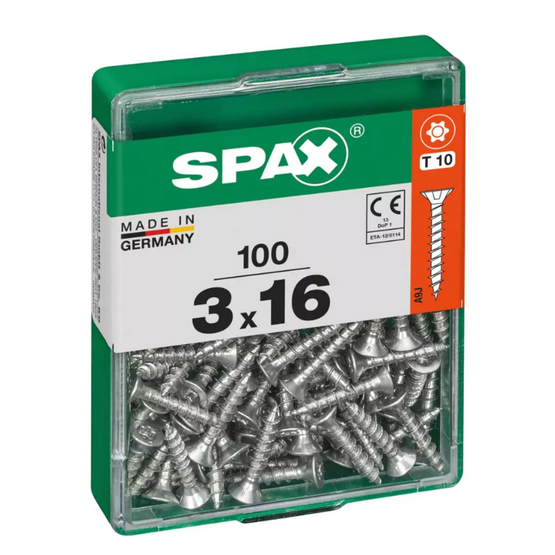 Karton mit 100 SPAX-Schrauben, Größe 3 x 16, hergestellt in Deutschland, mit T10-Antrieb, in durchsichtiger grün-weißer Verpackung gezeigt.