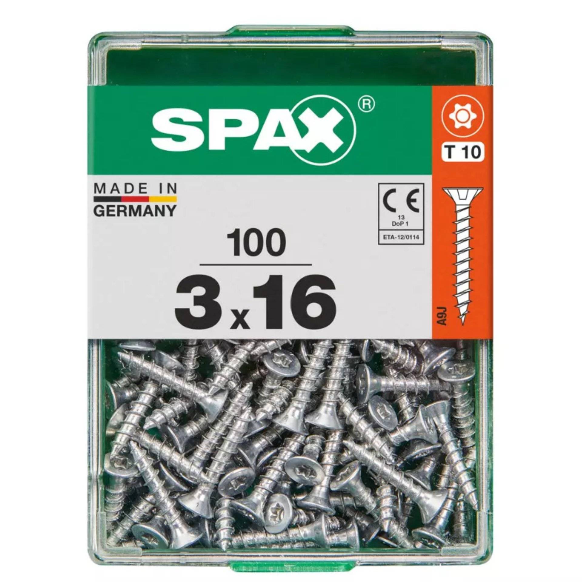 Karton mit SPAX-Schrauben, 100 Stück, Größe 3x16mm, Torx T10, silberfarben. Hergestellt in Deutschland, geeignet für Holzanwendungen.