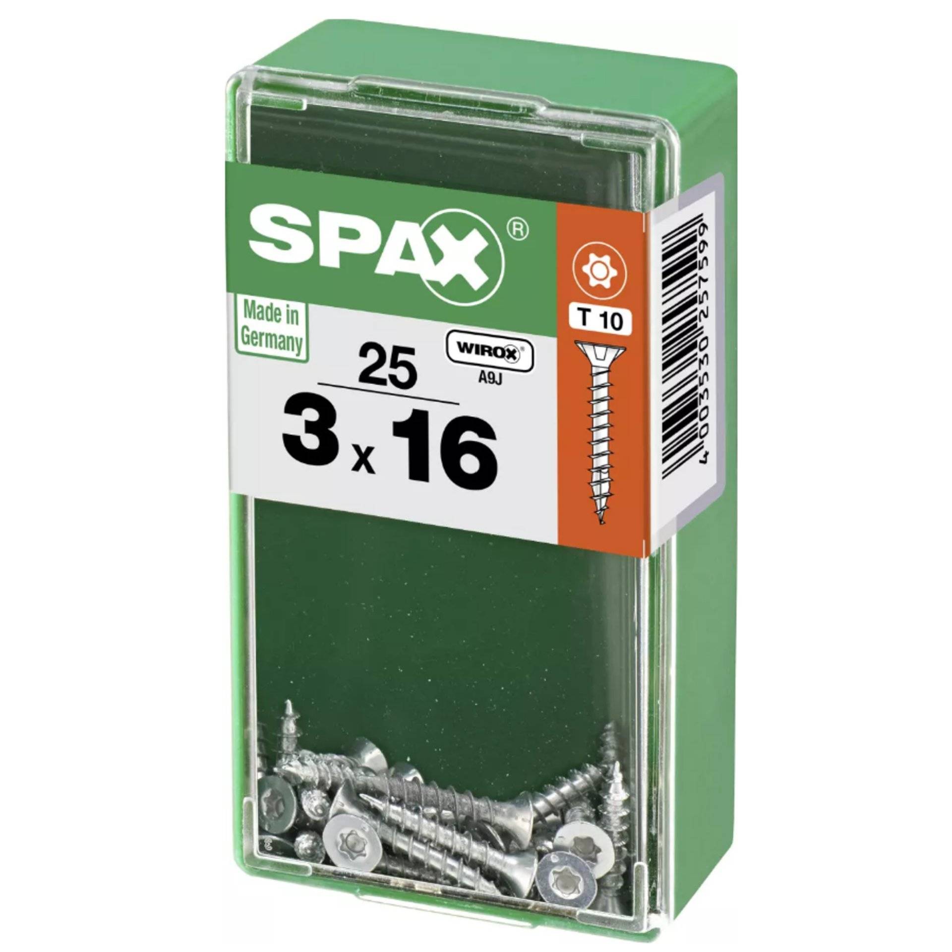 Eine Schachtel SPAX-Schrauben, 25 Stück, Größe 3 x 16 mm, hergestellt in Deutschland. Die Schachtel ist grün und mit einer T10-Markierung gekennzeichnet.