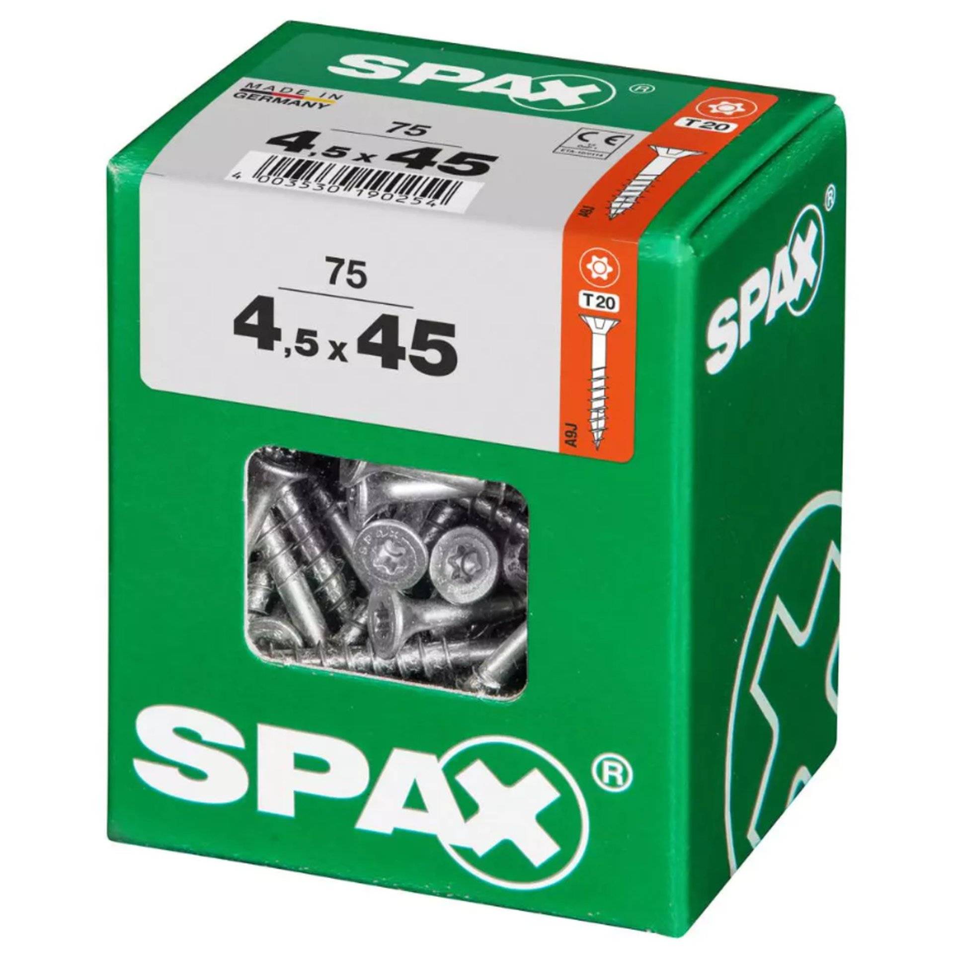 Eine grüne Box mit SPAX-Schrauben, beschriftet mit „4.5 x 45