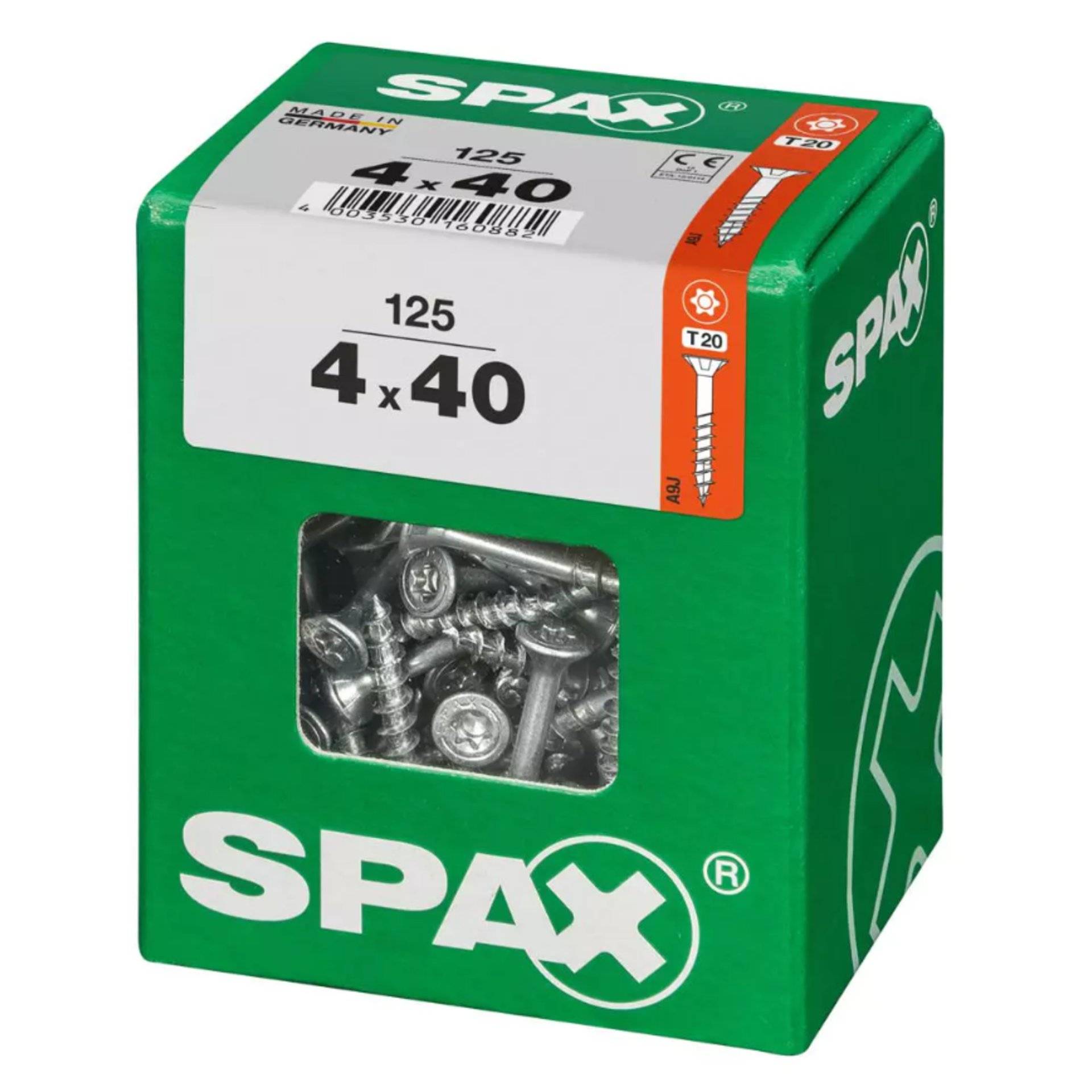SPAX' Verpackung mit 125 Schrauben, Größe 4x40mm, Schrauben sichtbar durch Kunststofffenster, grüne Verpackung.