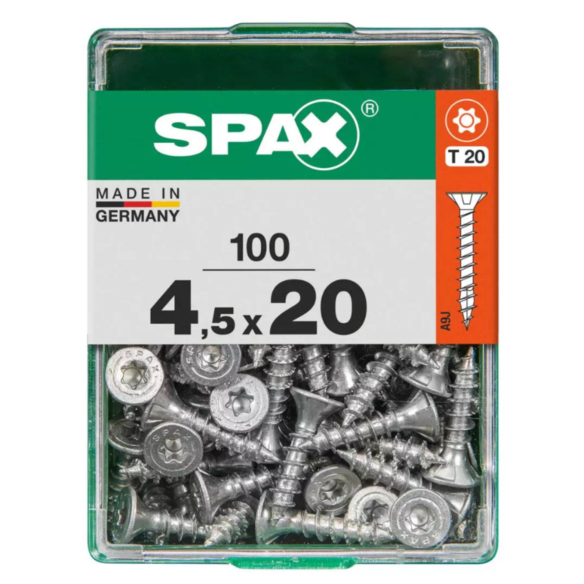 Eine Schachtel SPAX-Schrauben mit grünem Deckel, beschriftet mit „Made in Germany