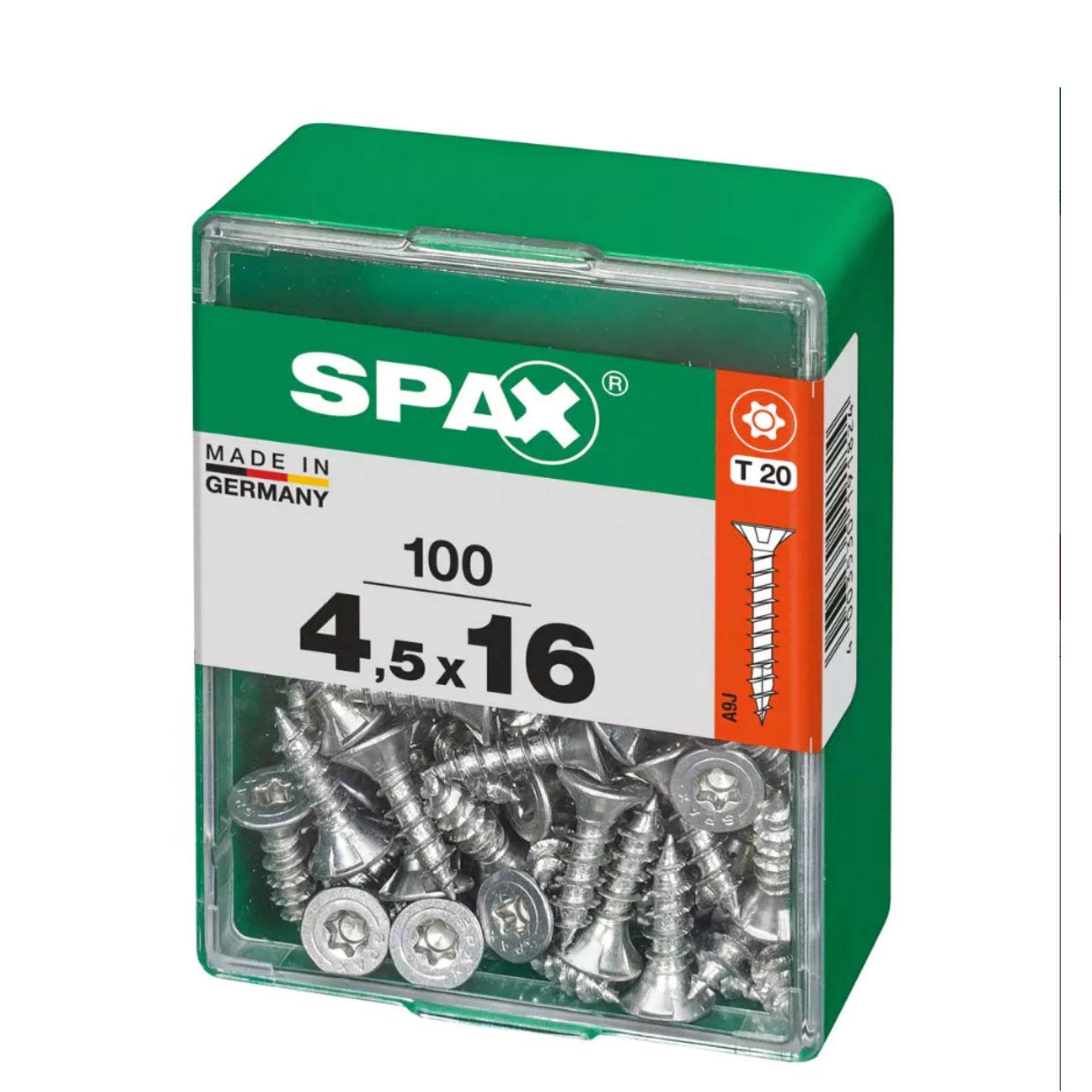 Box mit 100 SPAX T20 Schrauben, 4,5x16 mm, hergestellt in Deutschland.