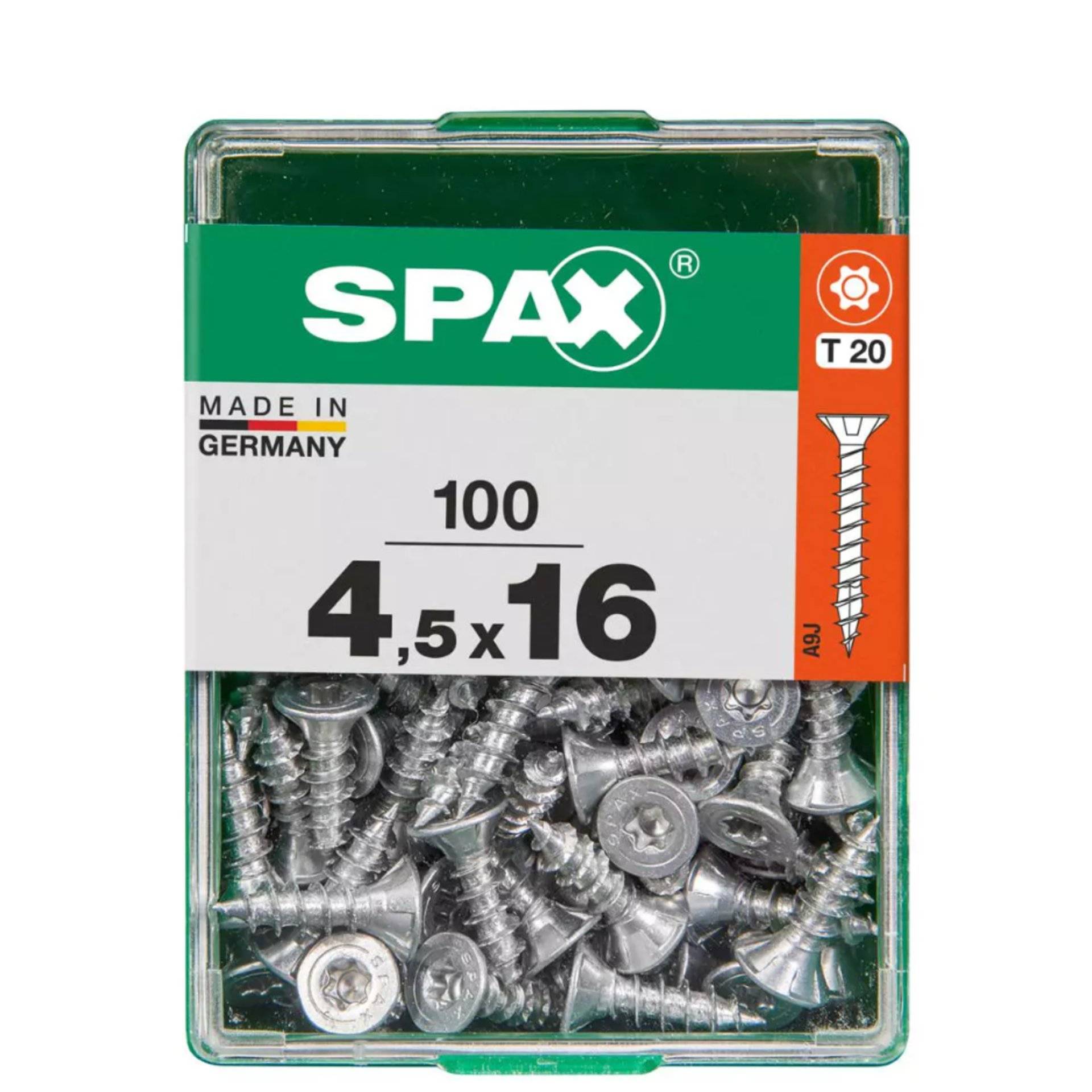 Packung mit 100 Spax-Schrauben, Größe 4,5 x 16 mm, mit T20-Antrieb, hergestellt in Deutschland.