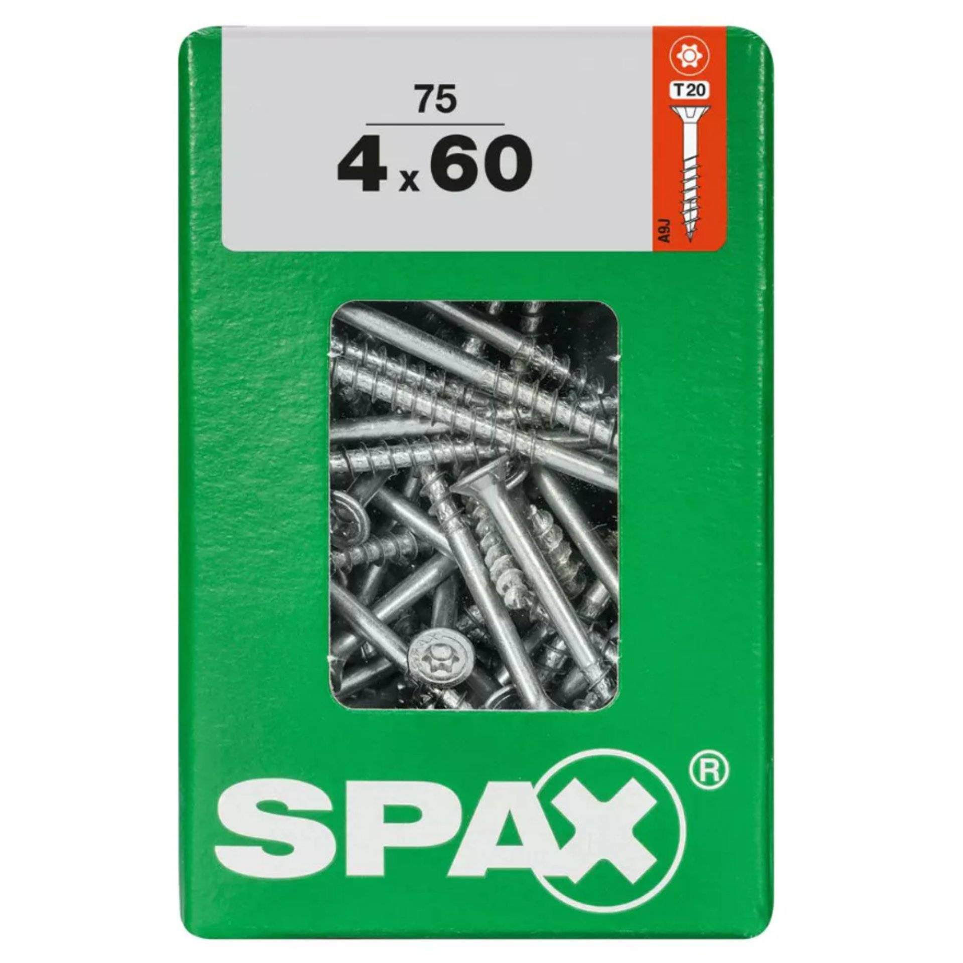 Schachtel mit SPAX-Schrauben mit der Aufschrift „75 4x60