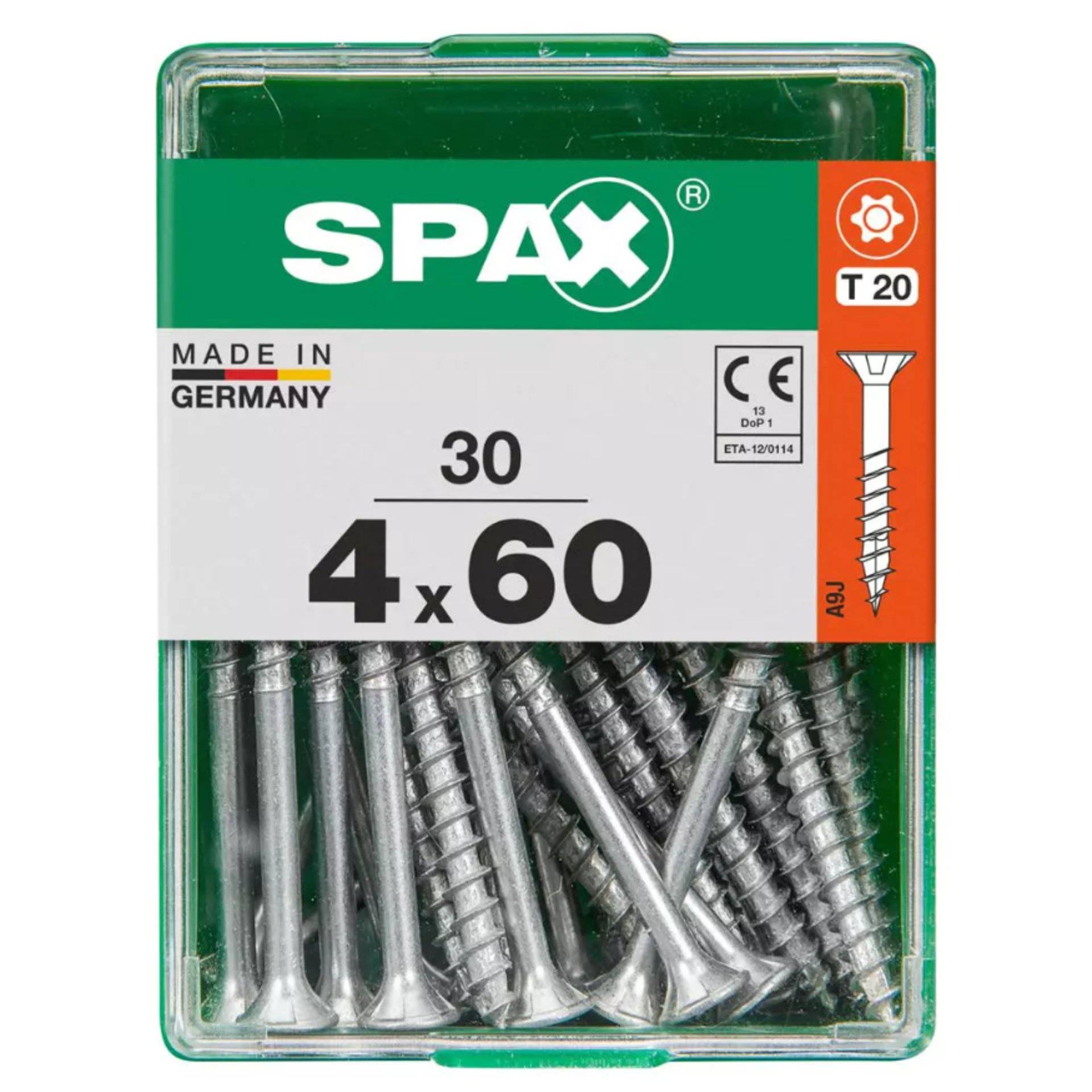 Eine Schachtel SPAX-Schrauben, Größe 4x60 mm, enthält 30 Stück. Die Verpackung zeigt „Made in Germany