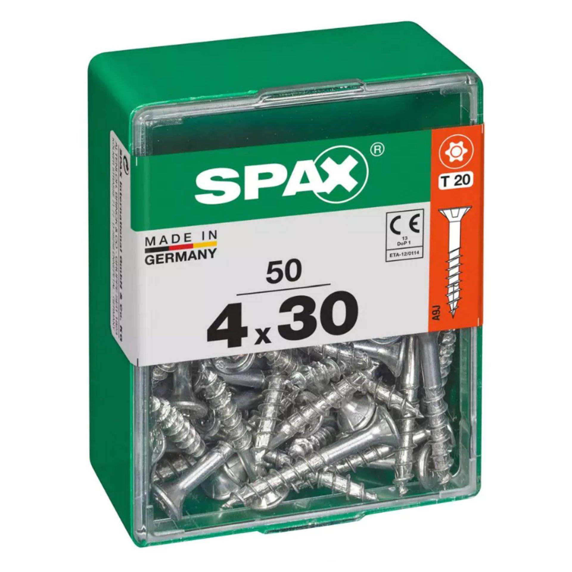 Eine Schachtel mit 50 SPAX-Schrauben, Größe 4x30, hergestellt in Deutschland. Die Verpackung ist grün mit einer transparenten Vorderseite, die die Schrauben im Inneren zeigt.