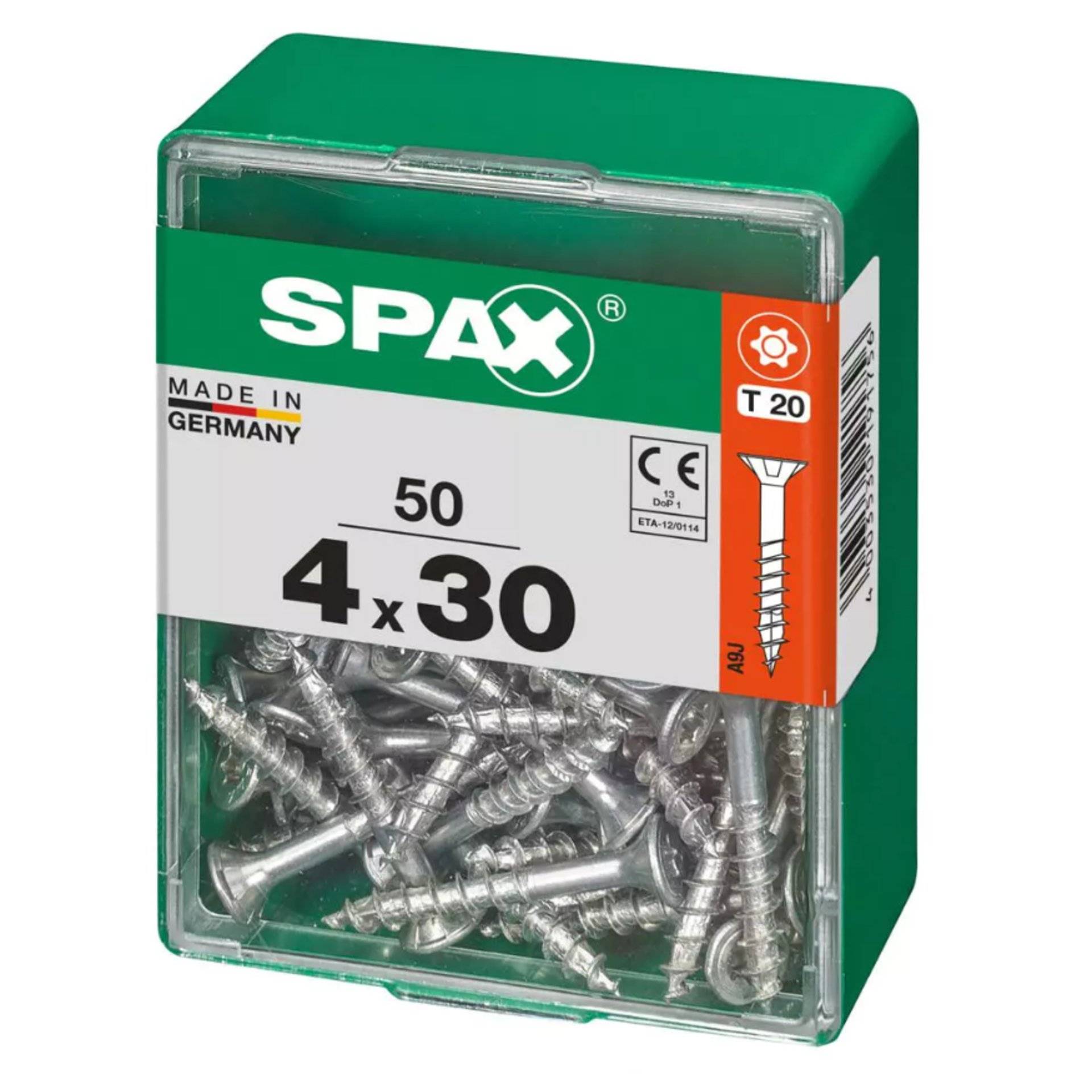 Packung Schrauben mit der Bezeichnung 'SPAX', enthaltend 50 Schrauben in der Größe 4x30mm, gekennzeichnet mit 'Made in Germany'.