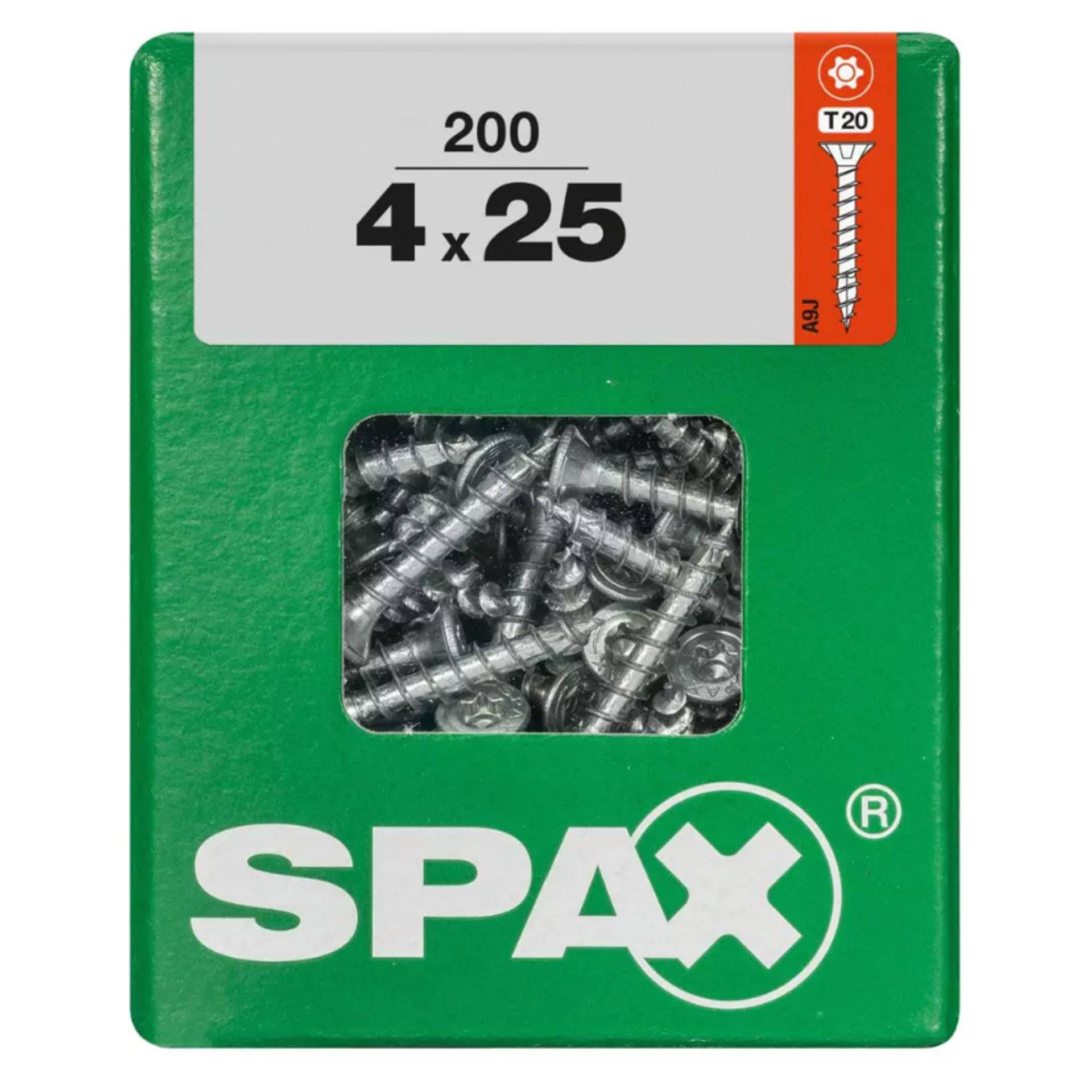 SPAX' grüne Box mit 200 Schrauben, Größe 4x25mm, mit T20-Antrieb.