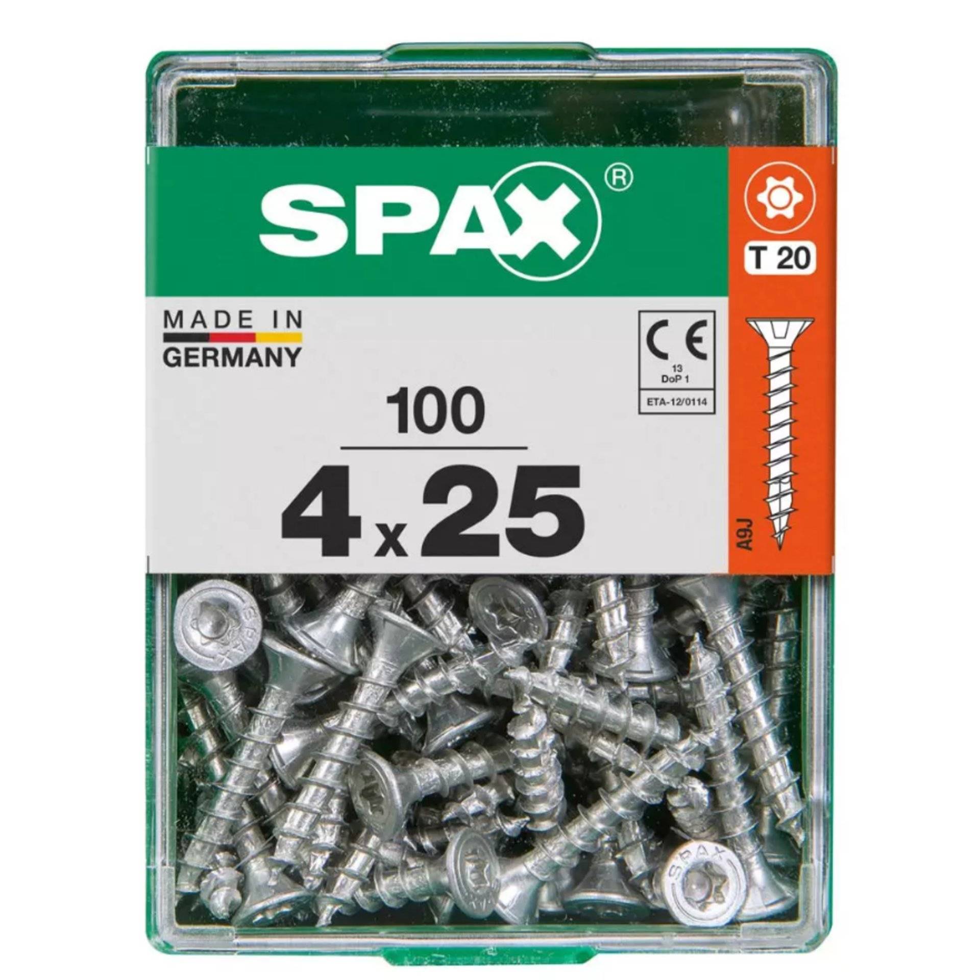 SPAX' Behälter mit 100 Schrauben, Größe 4x25, Made in Germany.