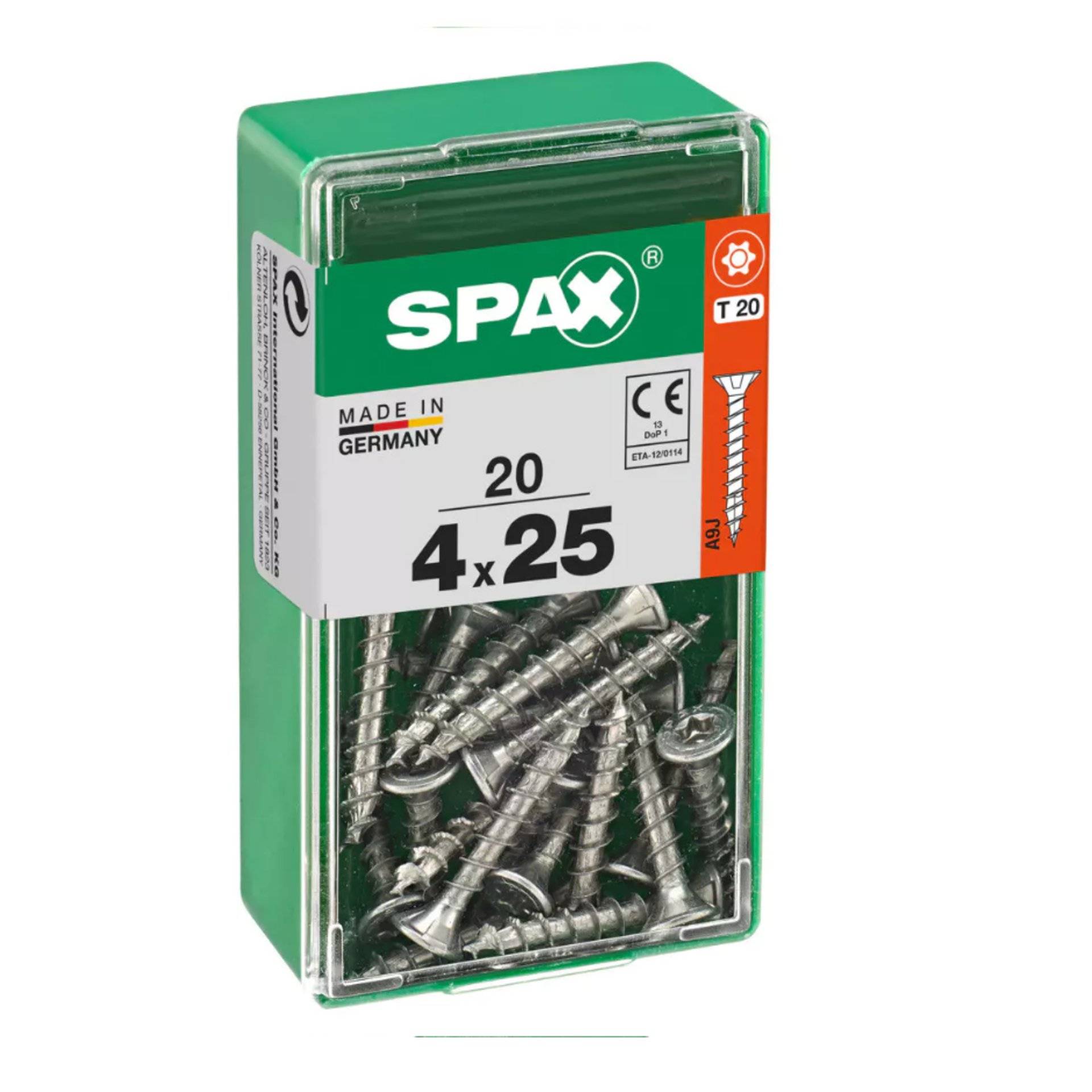 Eine grüne Schachtel mit 20 Schrauben mit der Bezeichnung „SPAX