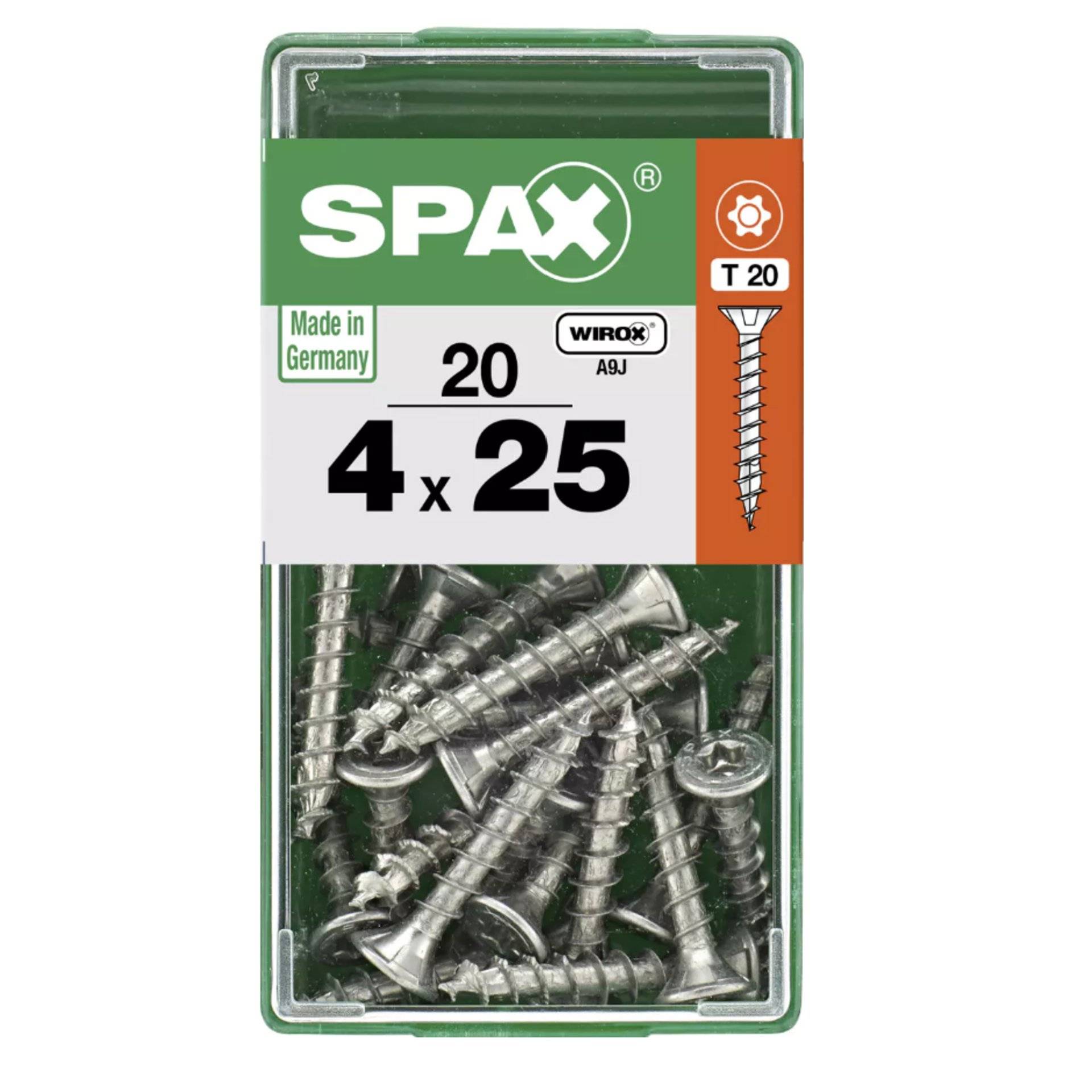 Karton mit SPAX-Schrauben, 20 Stück, 4 x 25 mm, Typ T 20, Made in Germany Wirox A3J.