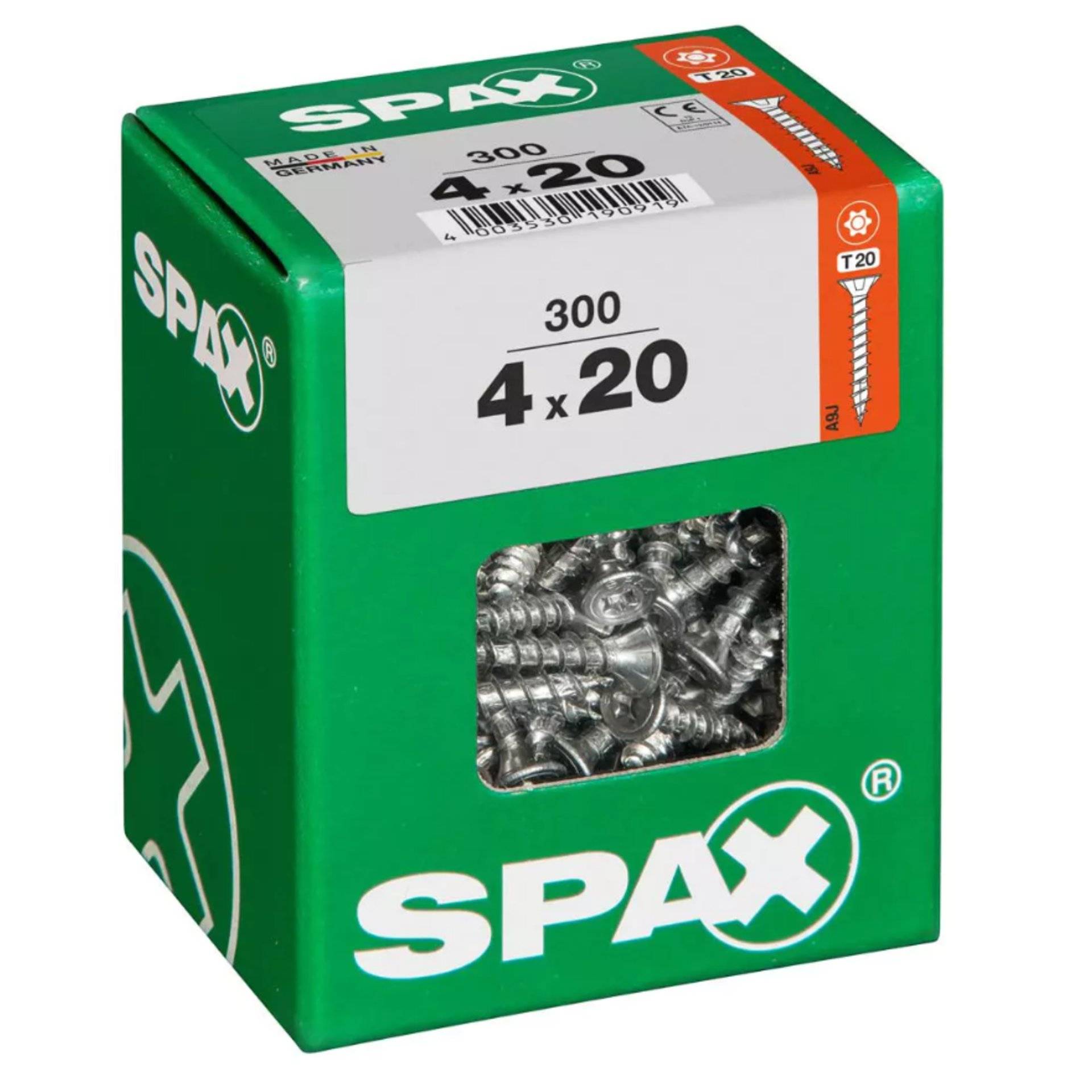Eine grüne Schachtel mit SPAX-Schrauben, beschriftet mit „300 4x20