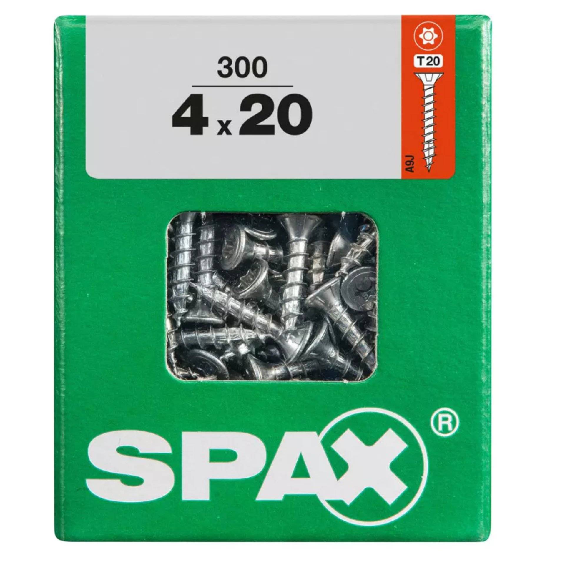 Grüne Box mit 300 SPAX-Schrauben, Größe 4 x 20 mm, T20-Kopf, durch ein klares Fenster sichtbar.