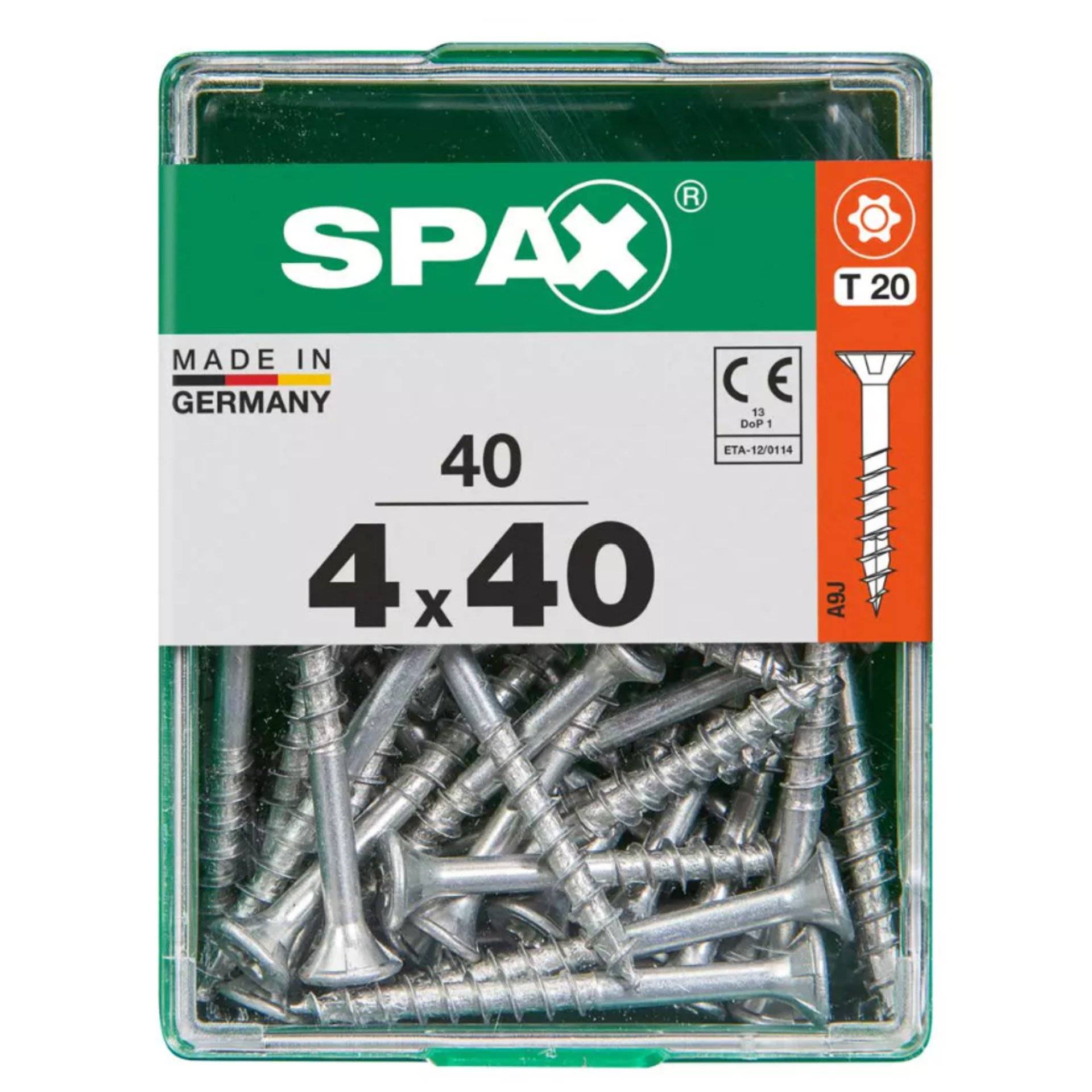 Eine durchsichtige Kunststoffbox mit SPAX-Schrauben mit der Aufschrift „4 x 40