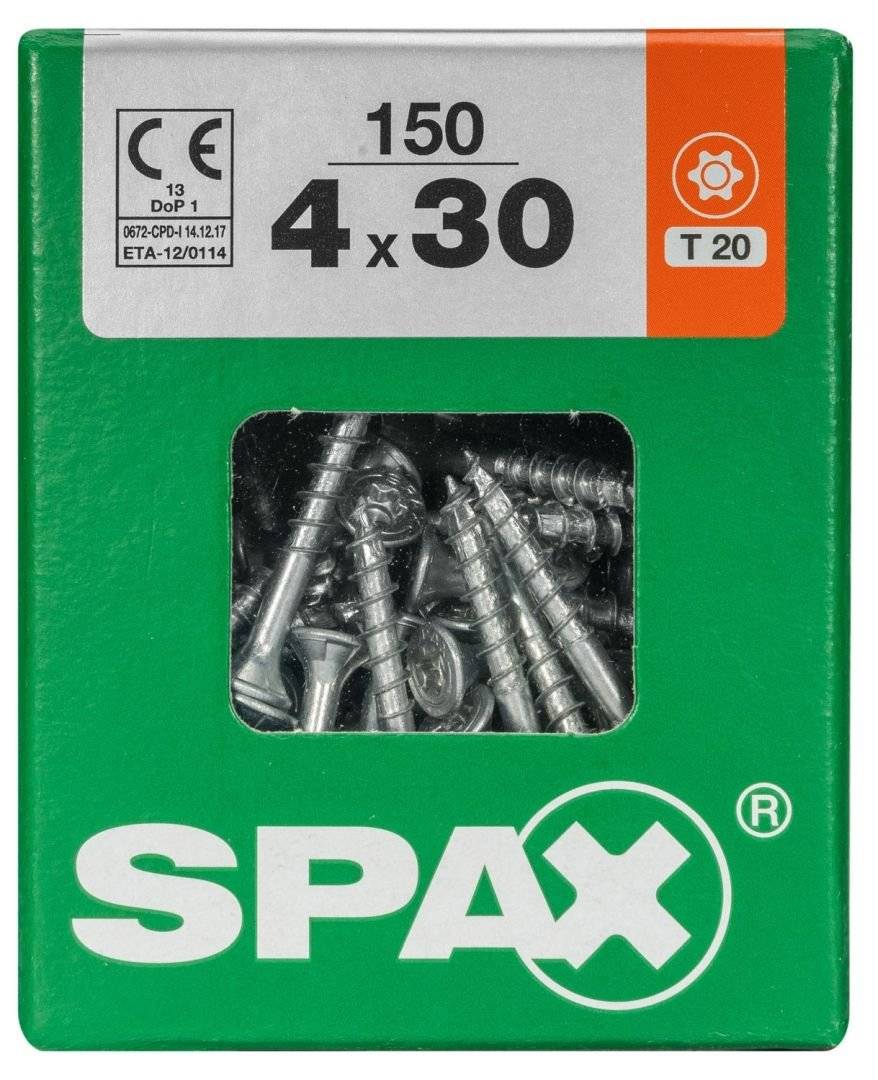 SPAX'-Schraubenbox, grüne Verpackung, enthält 150 Schrauben, Größe 4x30, mit Markierung 'T 20', mit Schrauben sichtbar durch Vorderfenster.