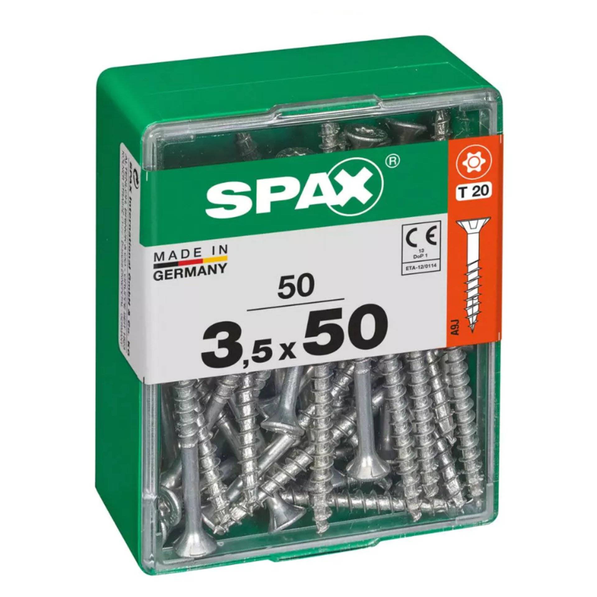 Eine grüne Schachtel mit Metallschrauben. Das Etikett liest: „SPAX, Made in Germany, 50, 3.5 x 50,