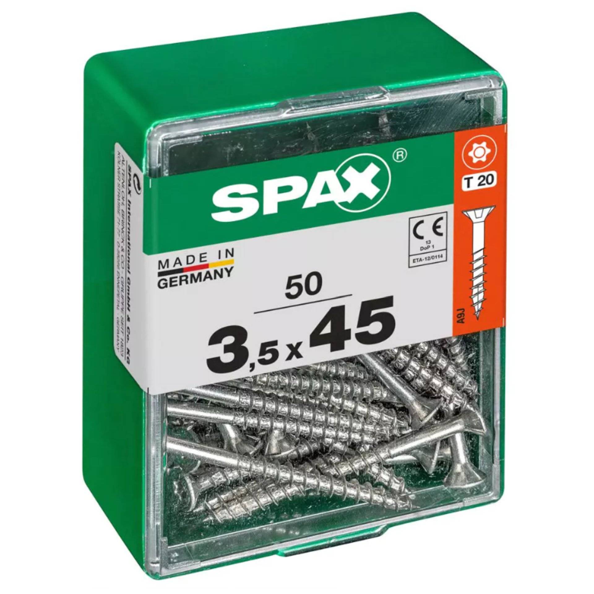 Eine grüne Box mit 50 Schrauben mit der Bezeichnung „SPAX