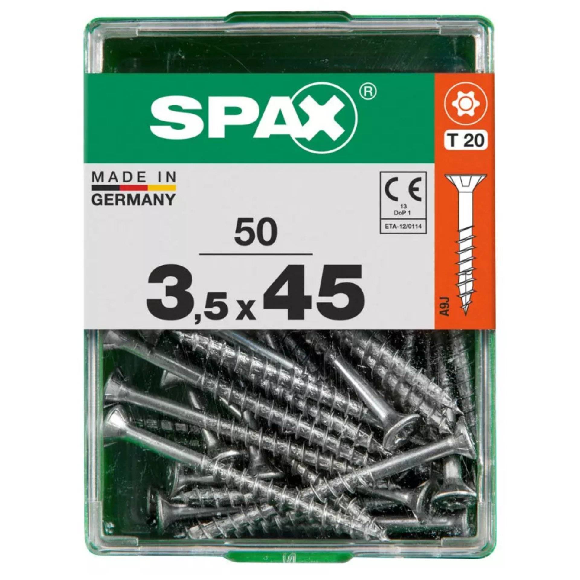 Eine Schachtel mit 50 SPAX-Schrauben, je 3,5x45 mm, gekennzeichnet mit „Made in Germany