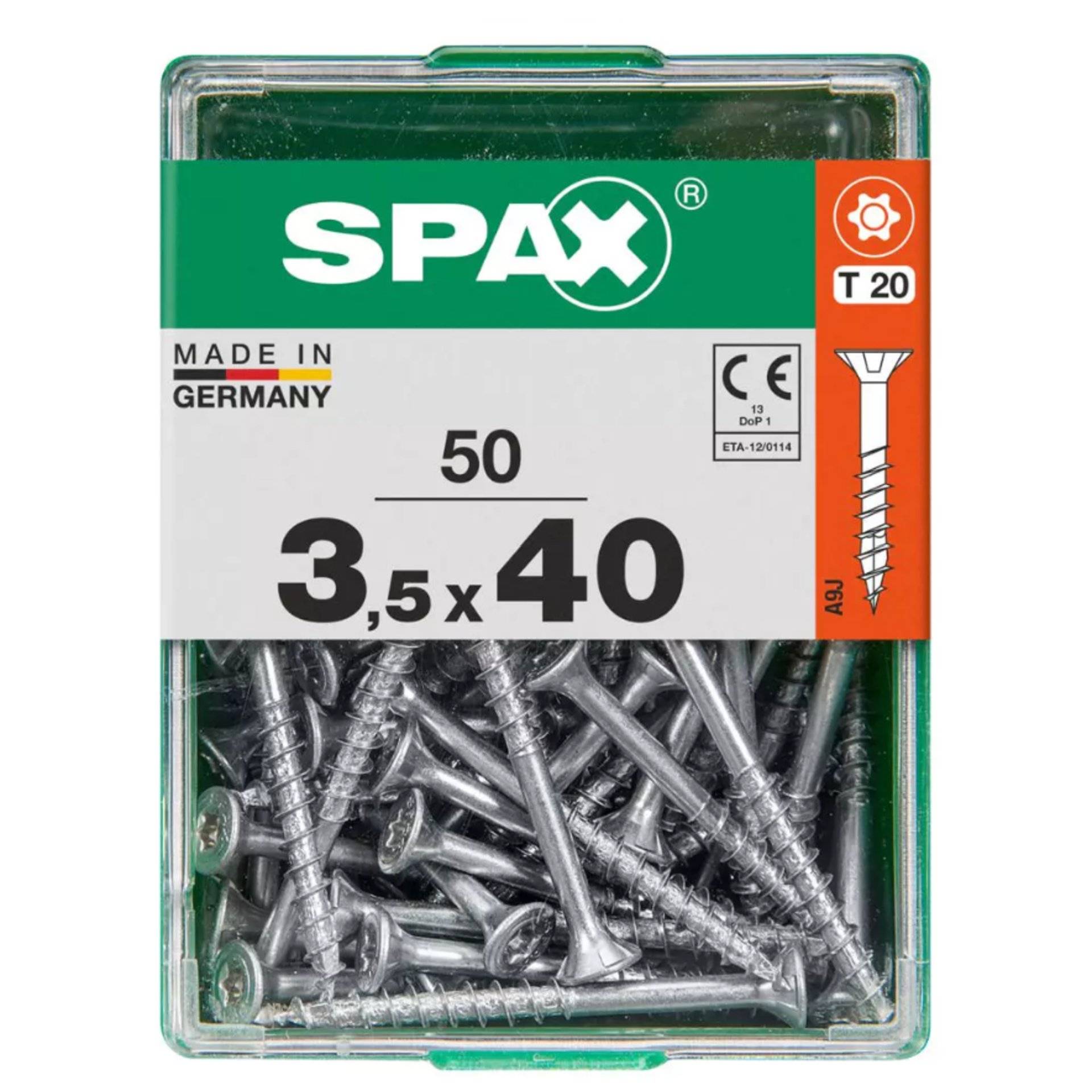 Eine Box mit Spax-Schrauben mit der Aufschrift „Made in Germany