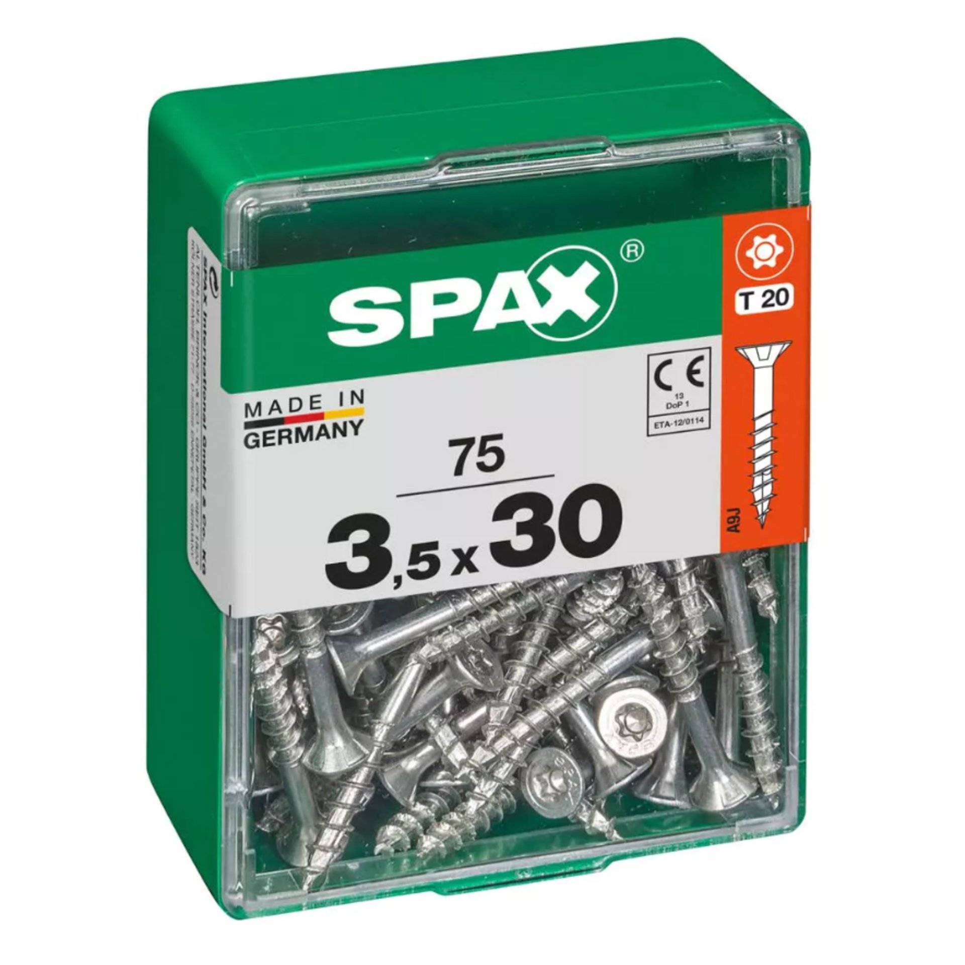 Karton mit 75 SPAX-Schrauben, Größe 3,5x30mm, geeignet für T20-Antrieb. Hergestellt in Deutschland. Die Verpackung zeigt das CE-Zeichen und Sicherheitssymbole.