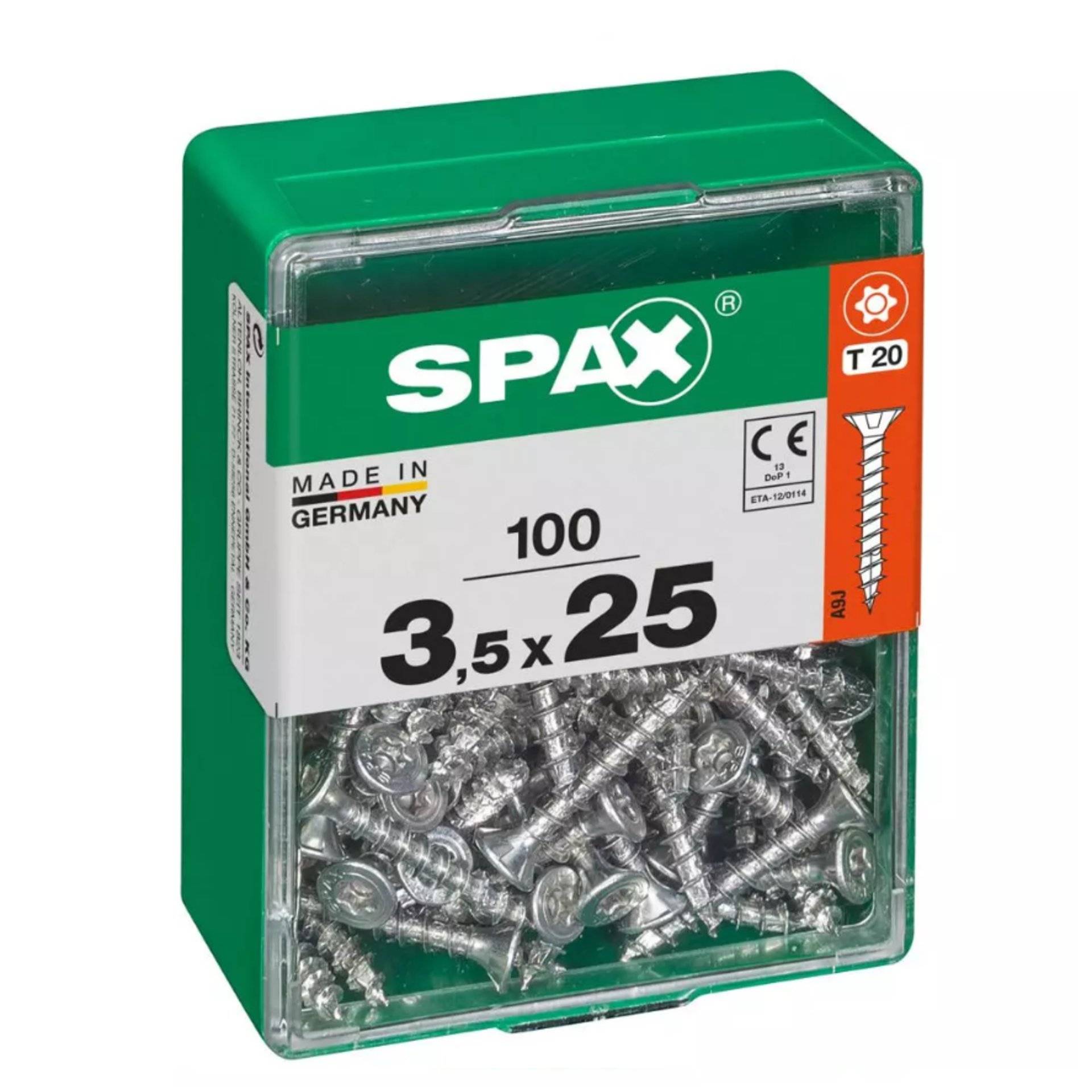 Schachtel SPAX-Schrauben, Größe 3,5 x 25 mm, enthält 100 Stück, hergestellt in Deutschland. Schachtel ist grün mit Produktinformationen auf der Vorderseite.