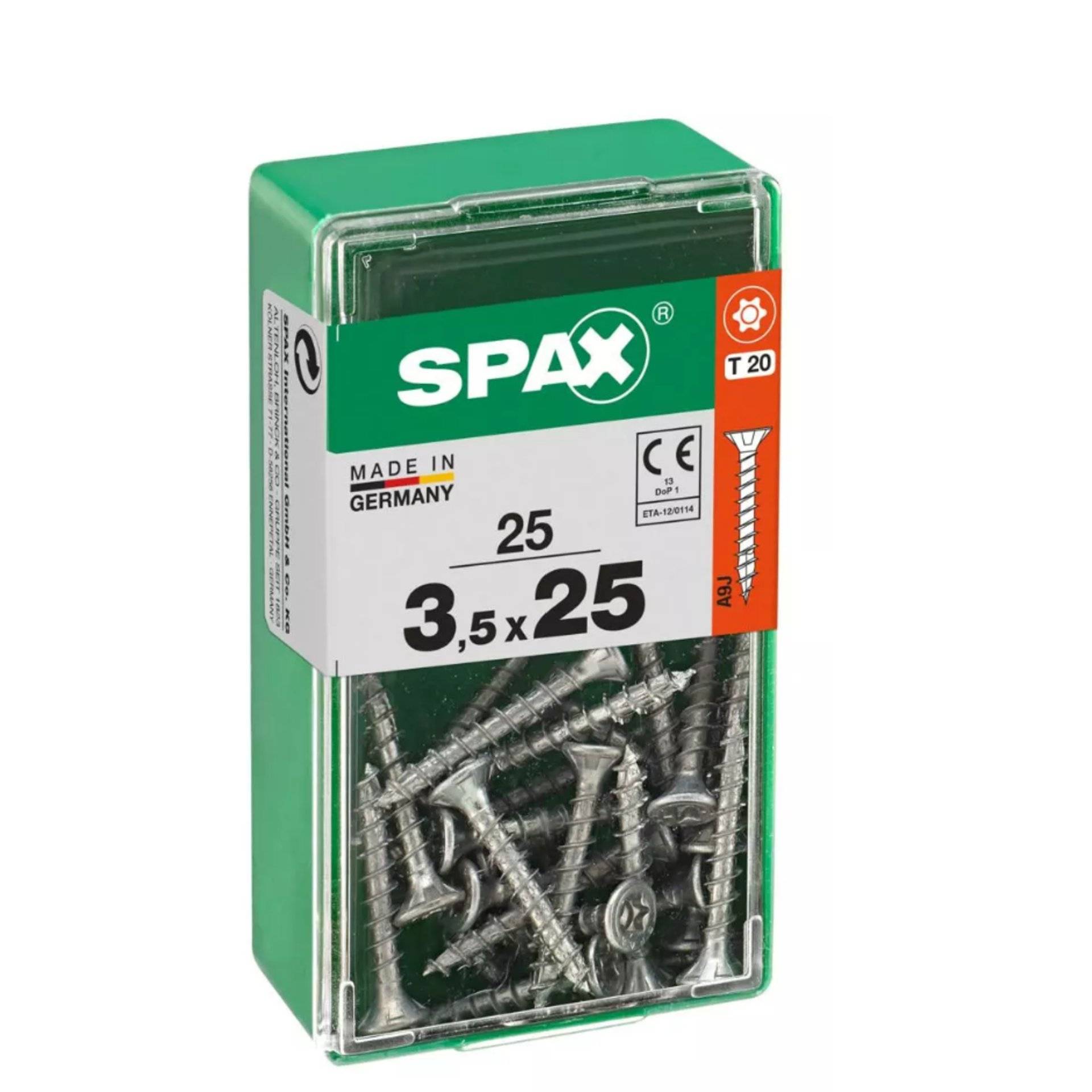 Karton mit 25 SPAX-Schrauben, Größe 3,5x25 mm, hergestellt in Deutschland. Die Verpackung ist grün mit weißem Etikett und Logo, auf dem T20- und CE-Kennzeichnungen angebracht sind.