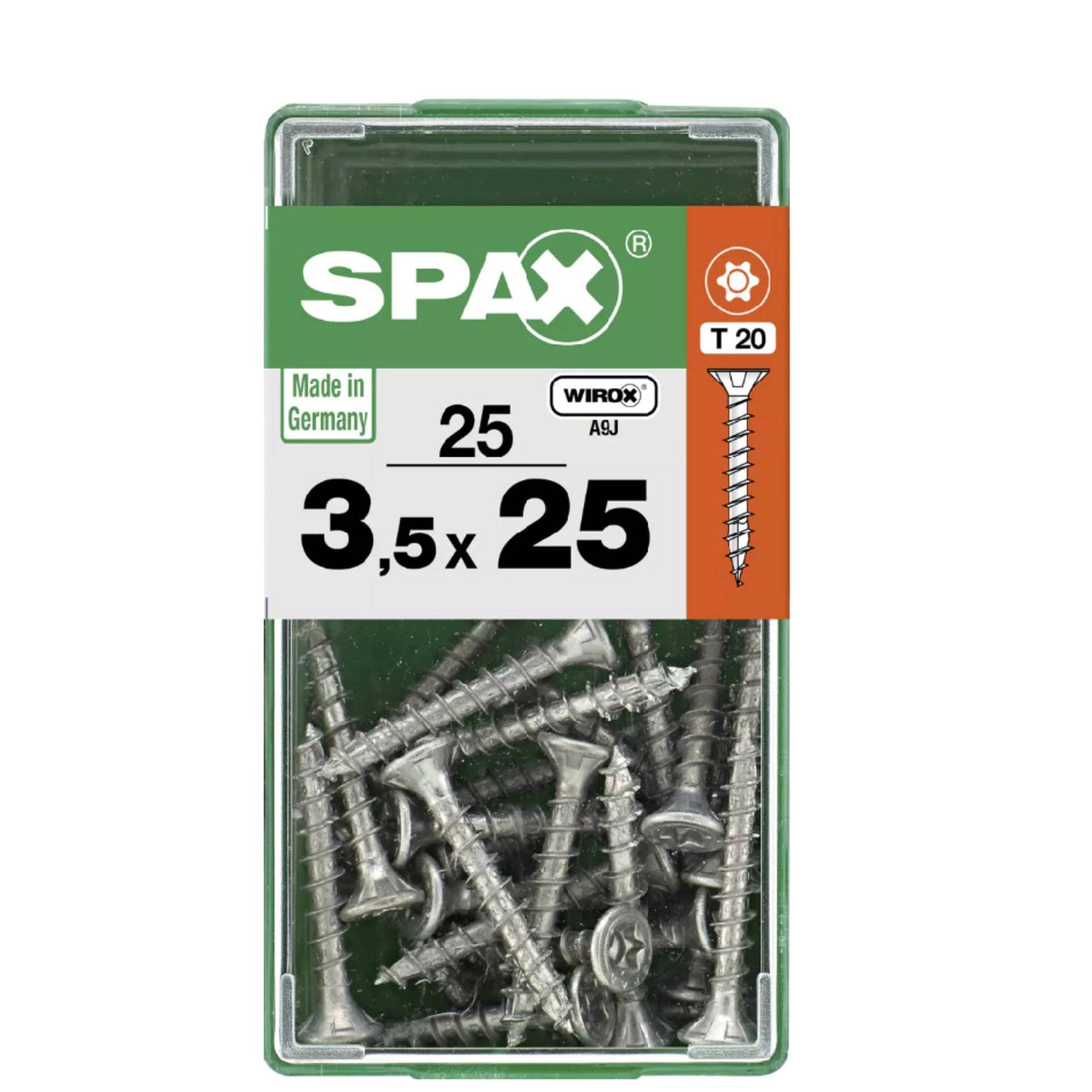 Eine Schachtel SPAX-Schrauben, 3,5x25 mm, mit der Aufschrift „Made in Germany