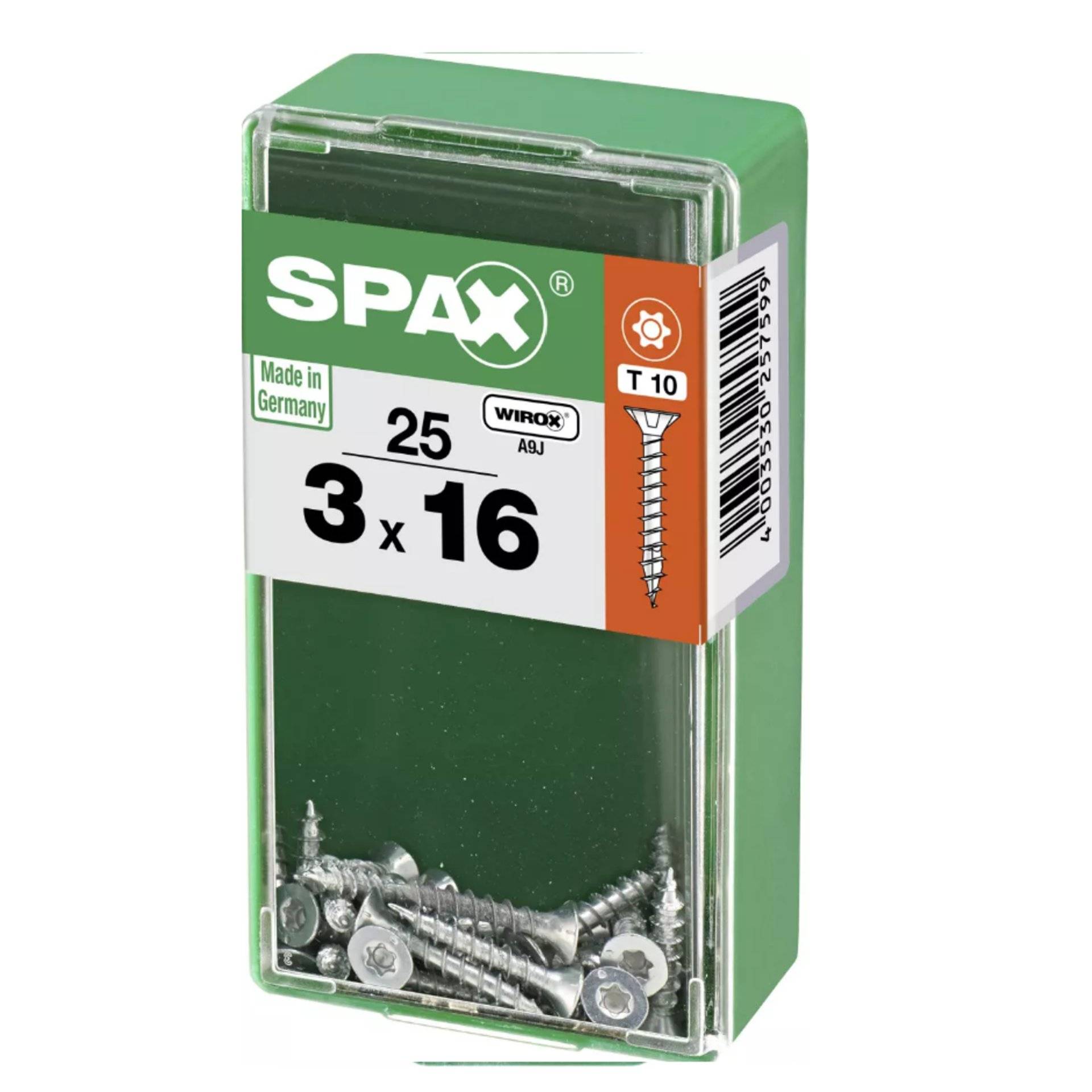 Eine grüne Schachtel mit SPAX-Schrauben mit der Bezeichnung '3 x 16', enthaltend 25 Schrauben, mit einer T10-Markierung, 'Made in Germany', und einem Schaubild einer Schraube.